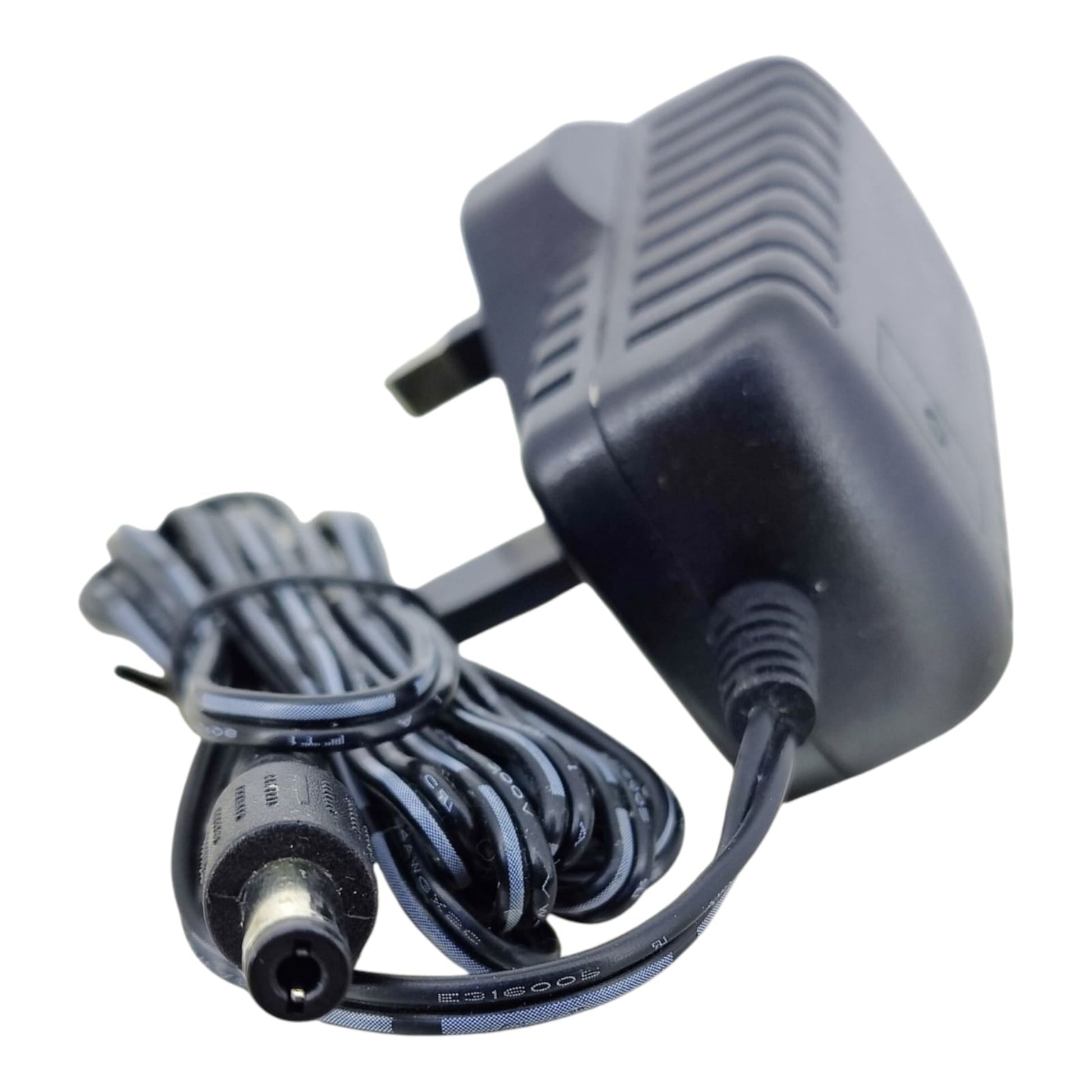 Angled view of the 9V 1.5A power adapter highlighting the 5.5mm x 2.1mm DC barrel plug connector.