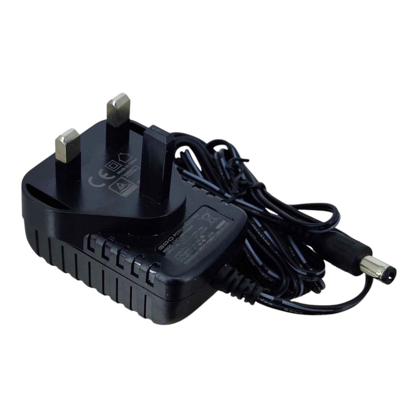 Side view of the 9V 1.5A UK 3-pin power adapter (fire bull).