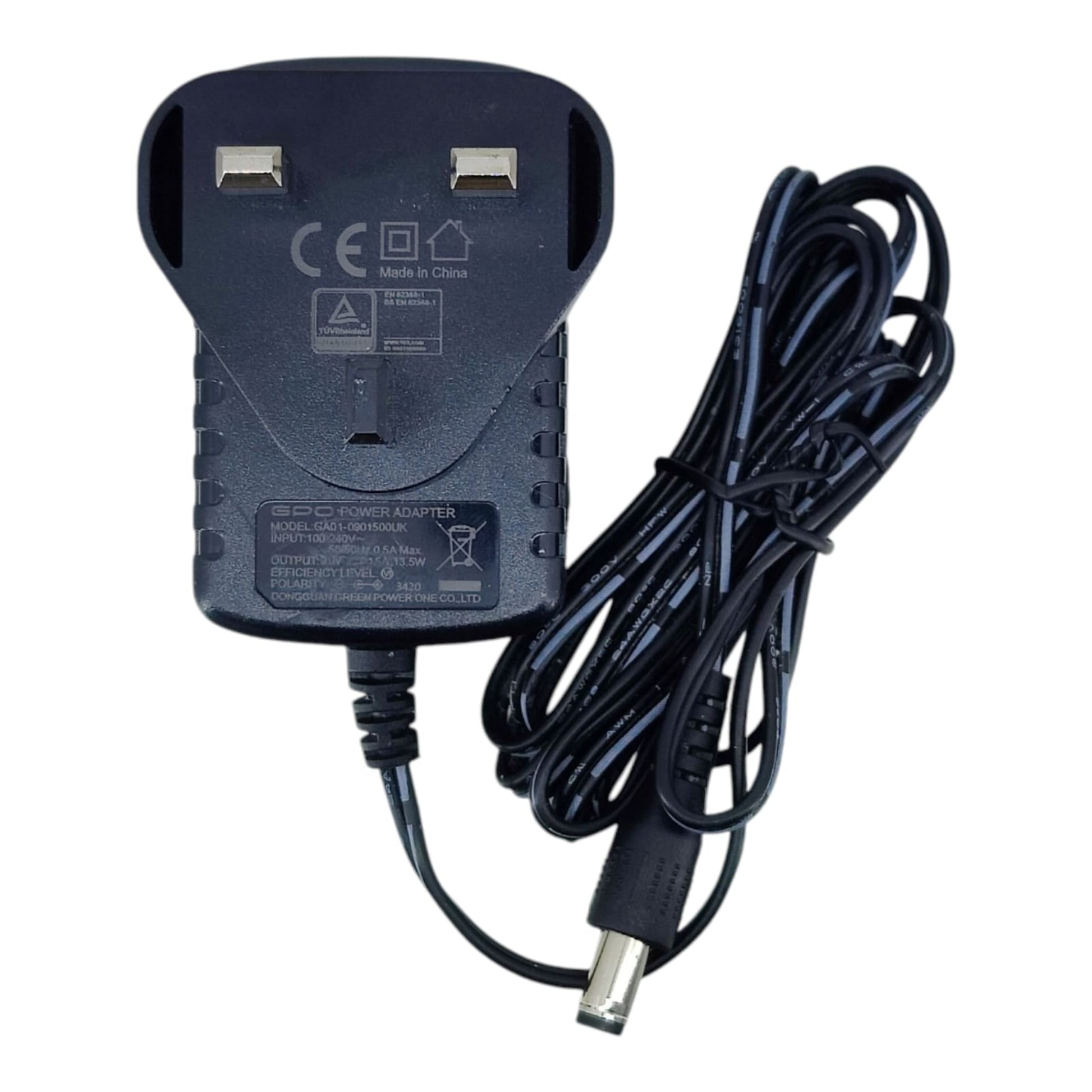 Back of a 9V 1.5A power adapter with UK plug, showing technical specifications, CE, and TÜV safety marks.