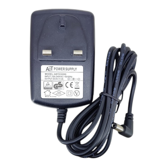 Front view of 9V 3A power adapter with UK plug
