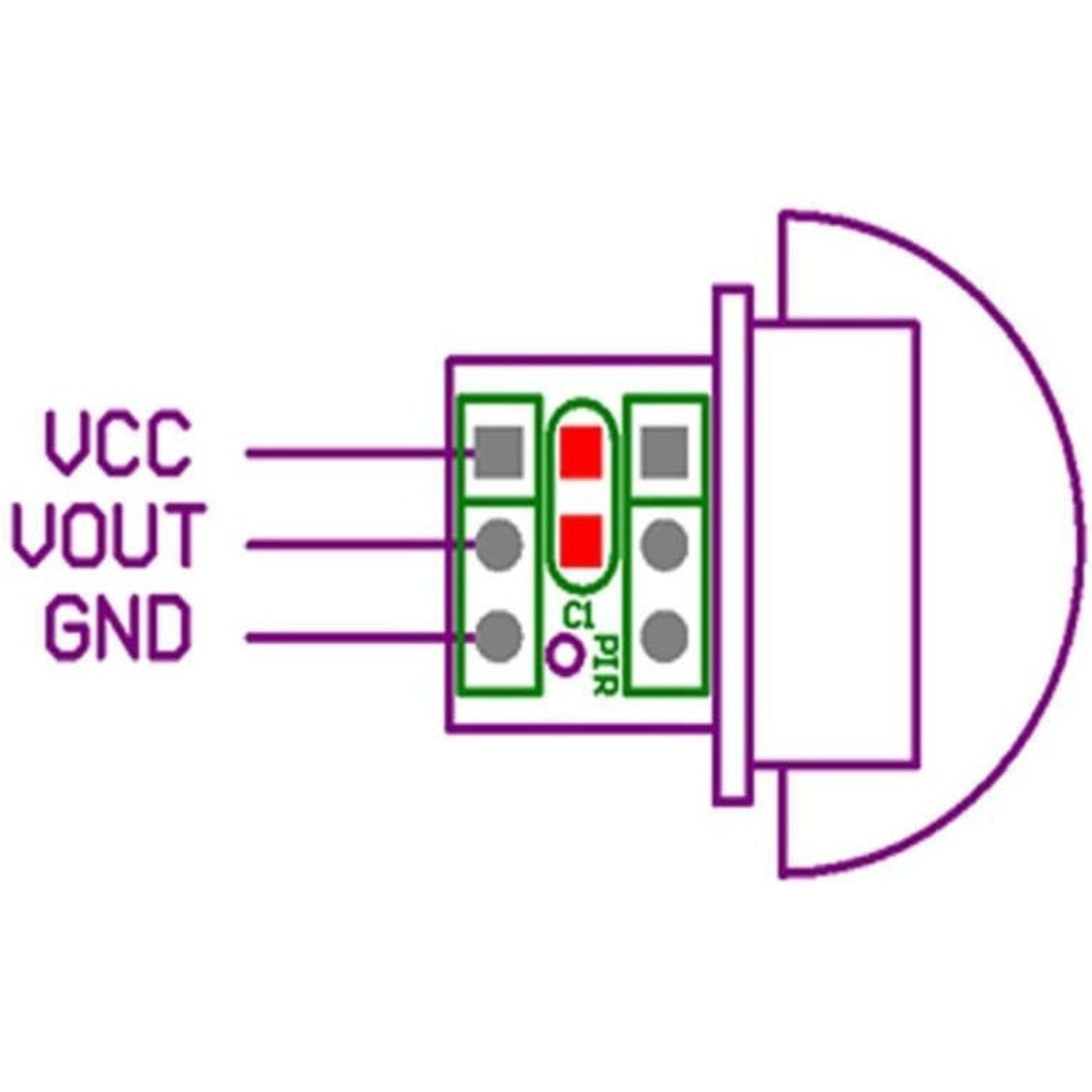 Clear wiring diagram for the AM312 PIR module showing VCC, VOUT (OUT), and GND connections.