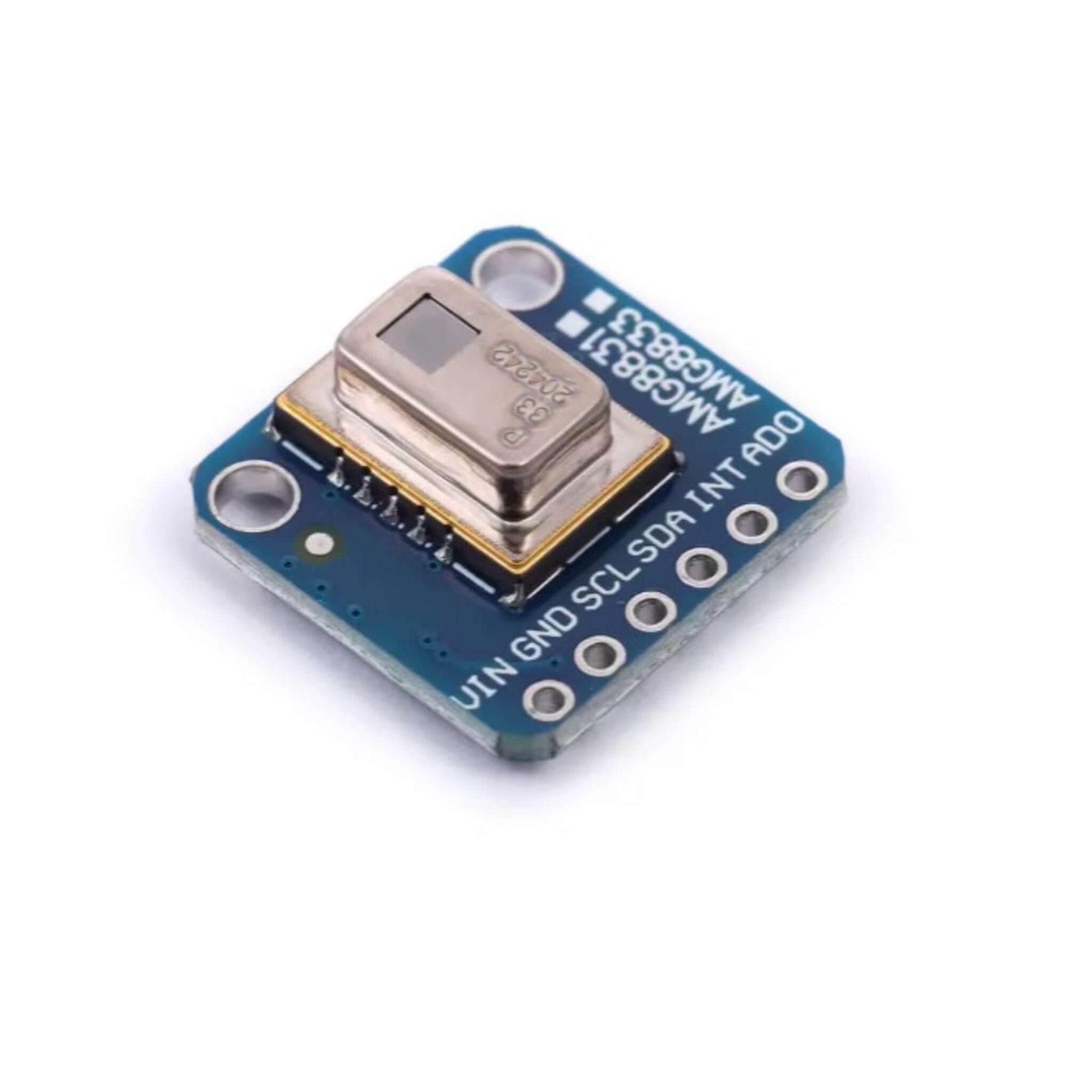Close-up angled view of the AMG8833 8x8 thermal sensor module for temperature detection in DIY electronics.