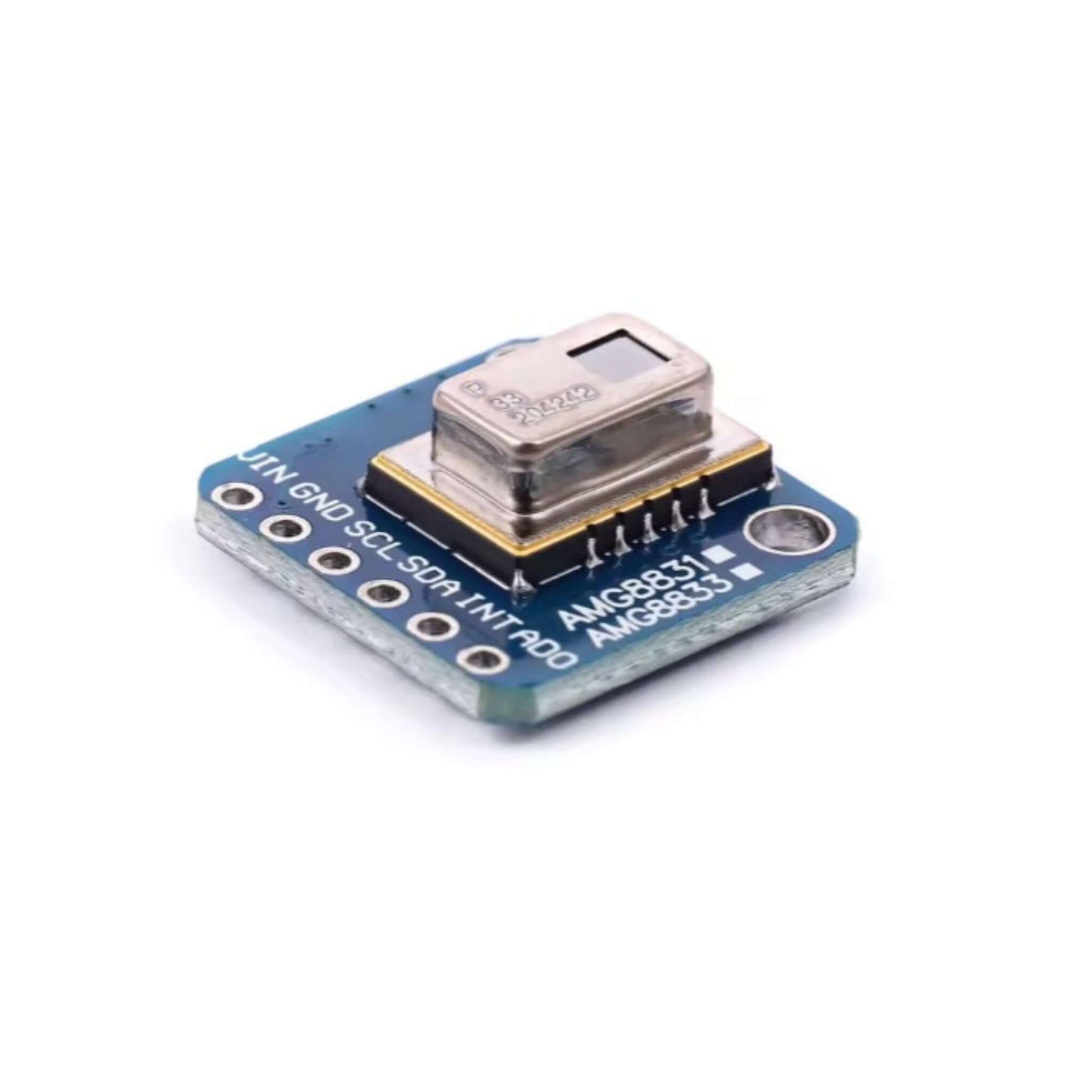 Different angled shot of the AMG8833 infrared thermal array module, highlighting its compact design.
