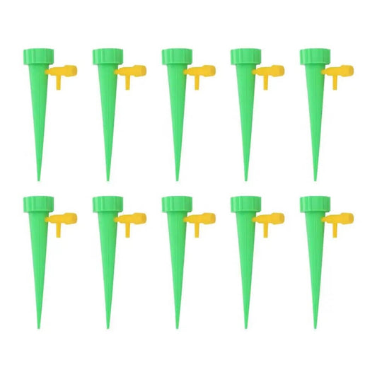 10pcs green automatic drip self watering spikes for flower plants, adjustable water drippers for easy irrigation.
