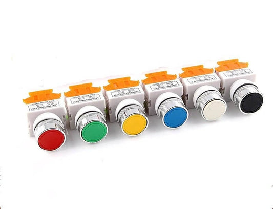 Set of 22mm round head self-lock push button switches in red, green, yellow, blue, white, and black colors.