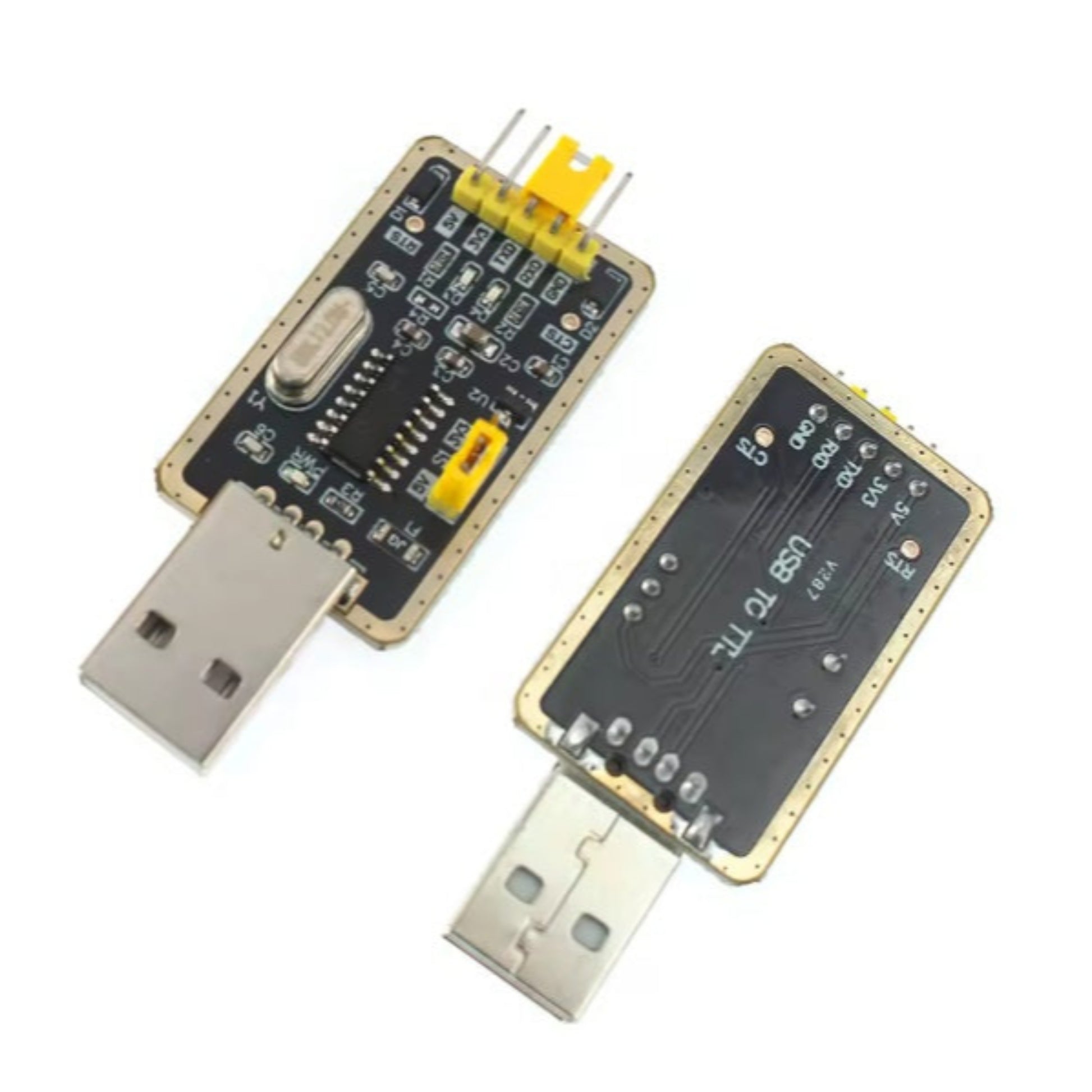 Two USB-to-serial adapter boards on a white background
