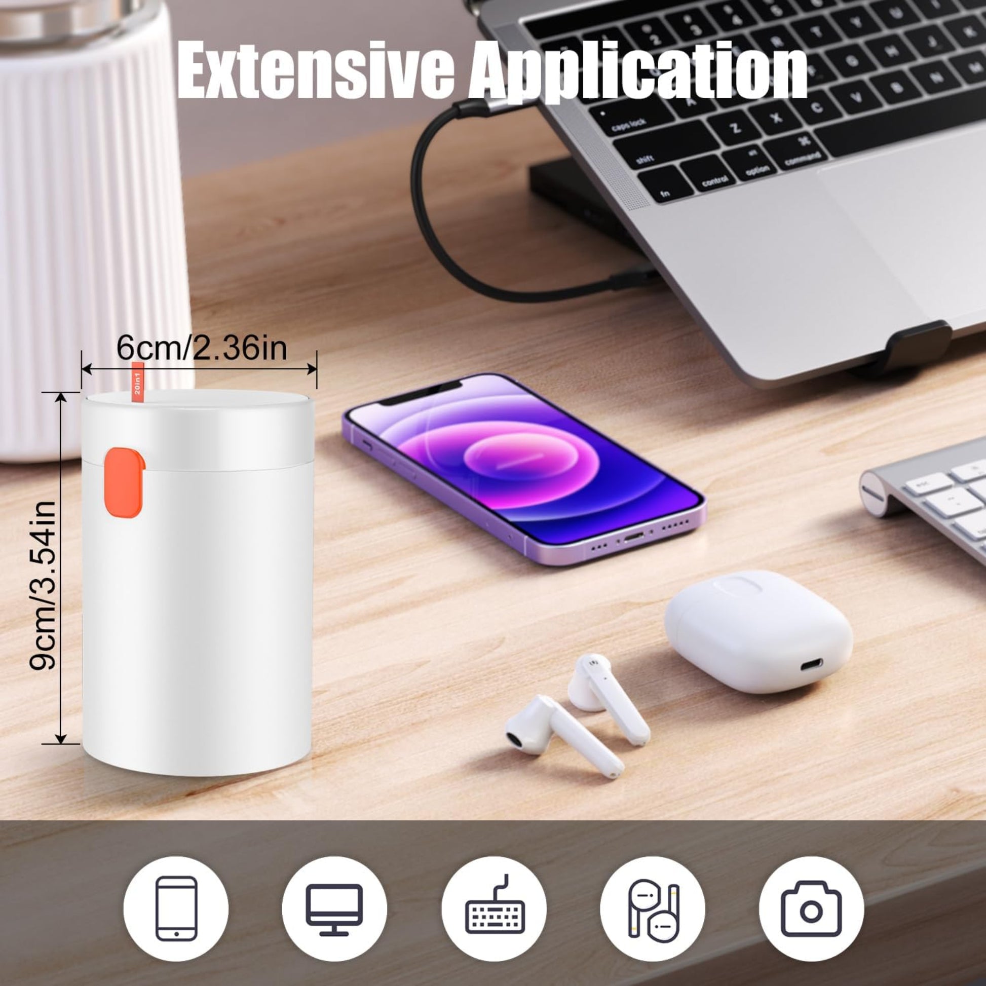 Extensive application of a 20-in-1 electronics cleaning kit on a desk with phone, AirPods, and laptop.