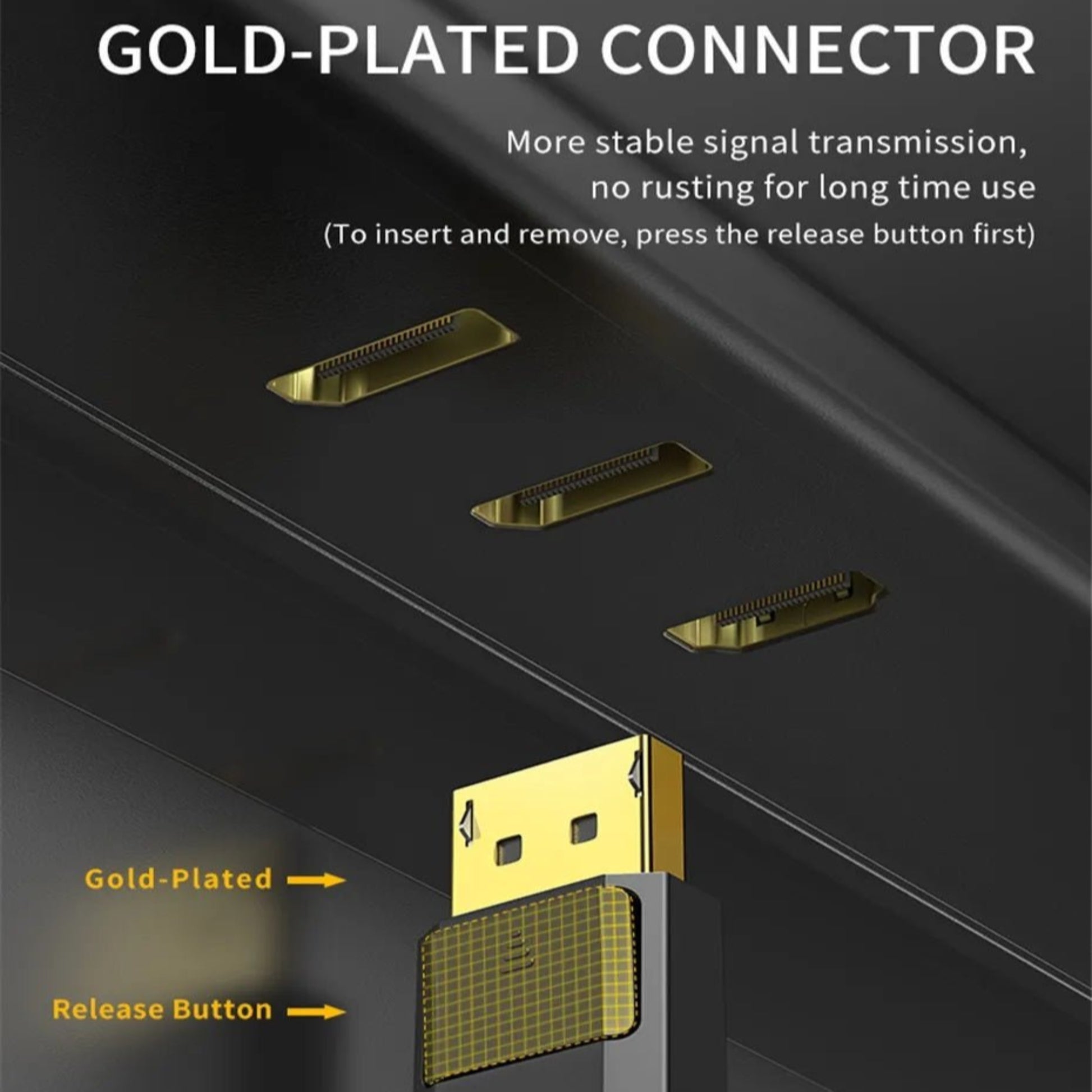 Close-up of gold-plated connector for DP to HDMI cable, highlighting signal stability and release button.