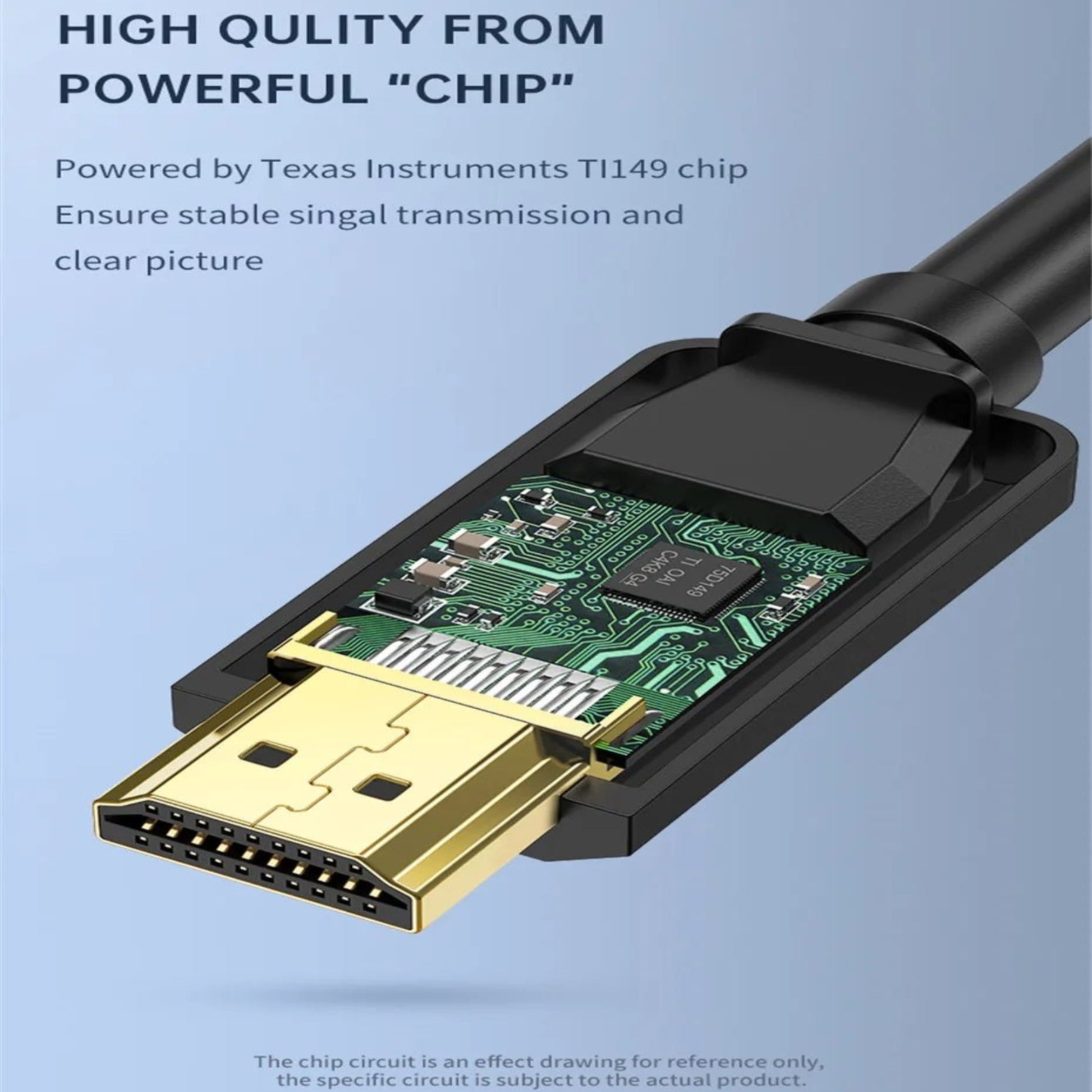 Close-up of DP to HDMI cable connector showcasing the Texas Instruments TI149 chip for stable signal transmission.