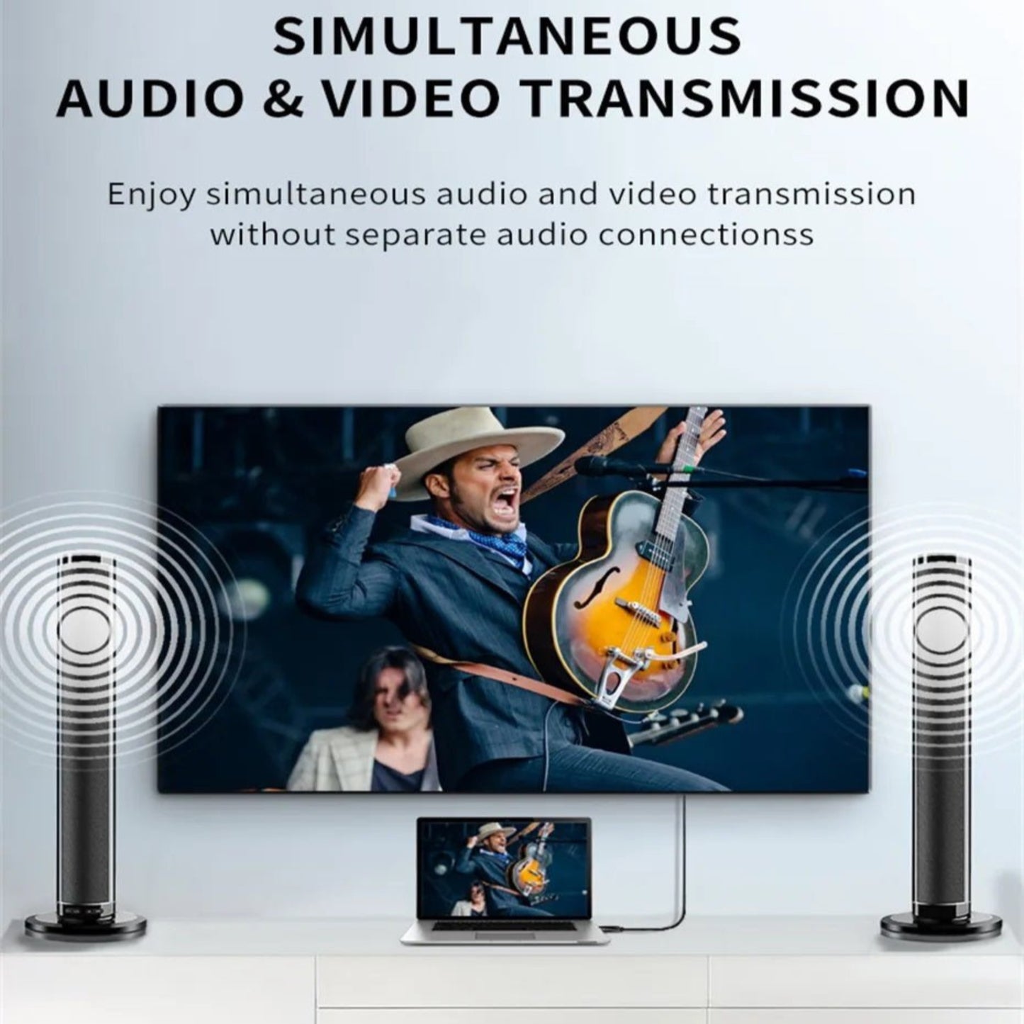 Image showcasing simultaneous audio and video transmission from computer to TV without separate connections.