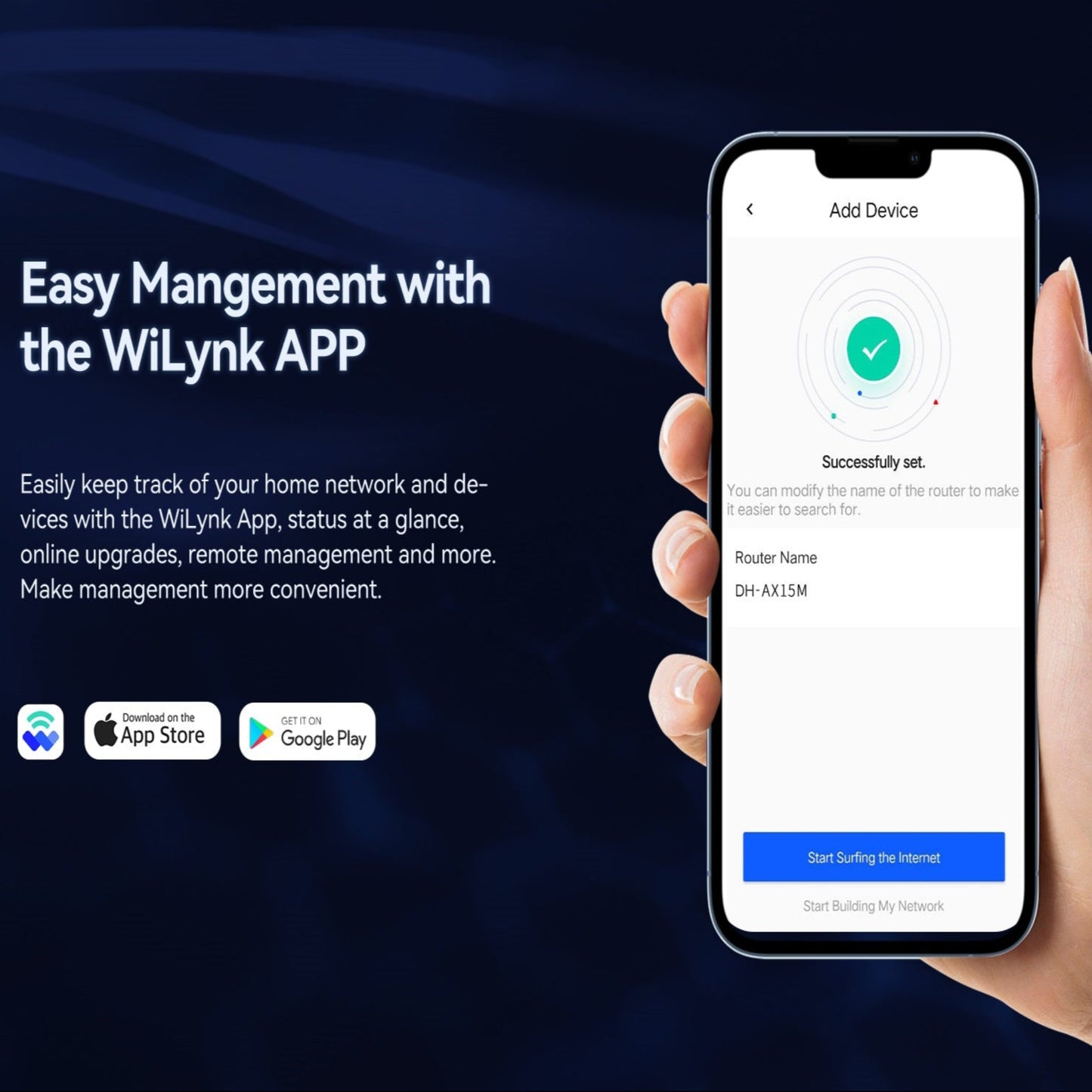 Mobile screen showing WiLynk App for easy management of home network and devices.