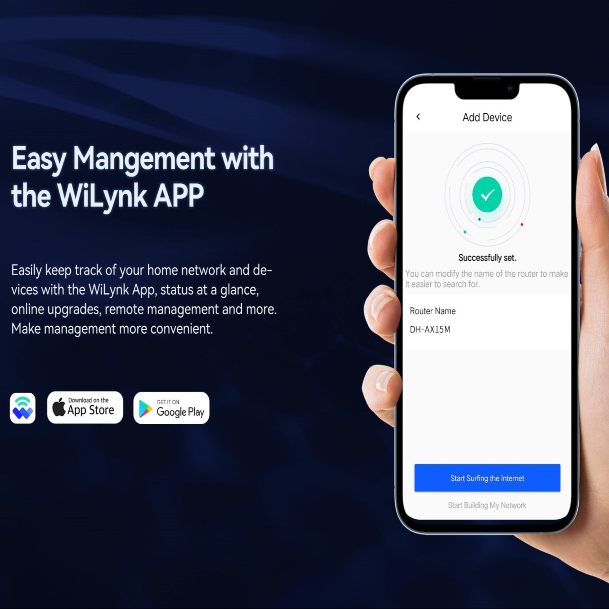 Mobile screen showing WiLynk App for easy management of home network and devices.