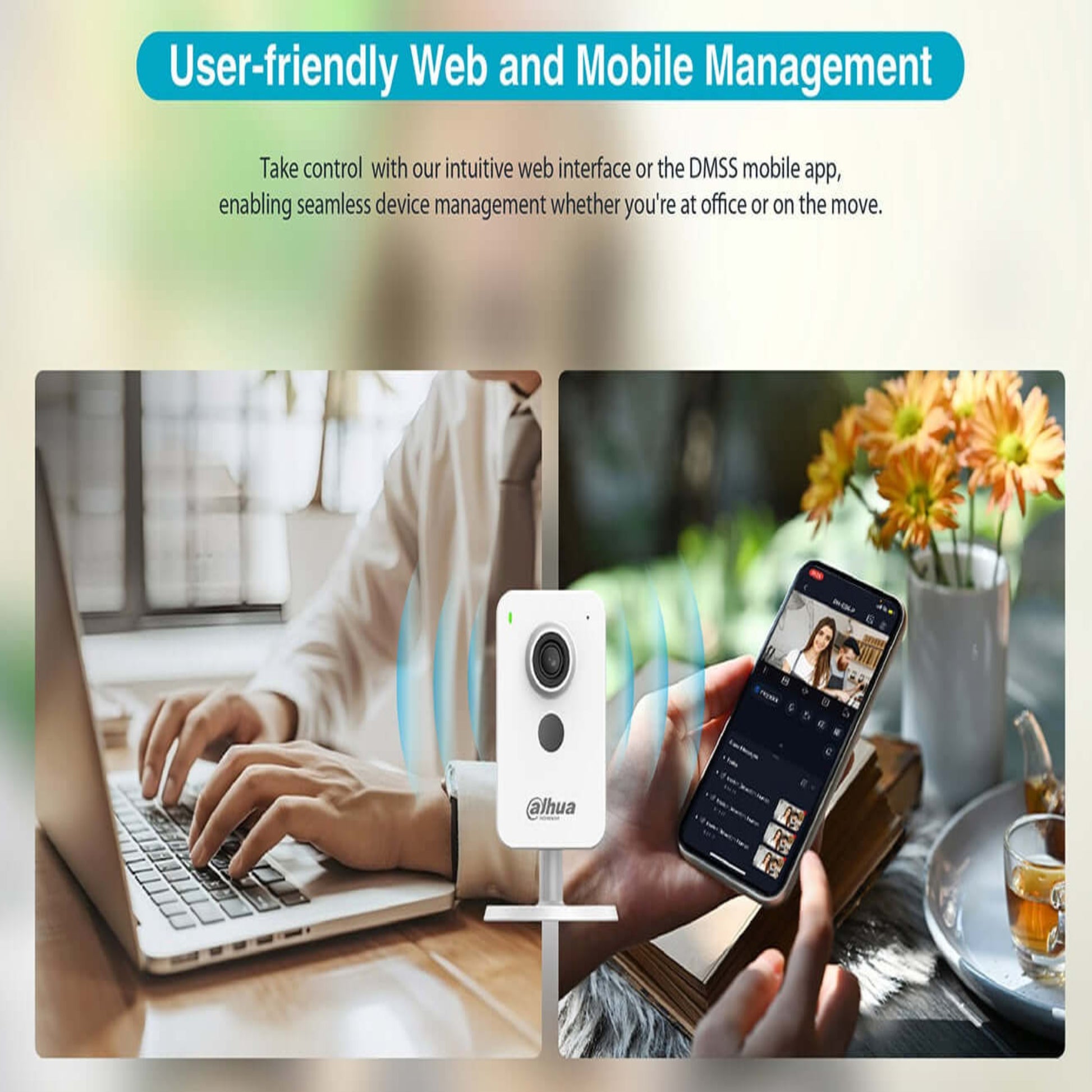 Dahua C4K-P camera showcased with web and mobile management features, highlighting user-friendly interface.