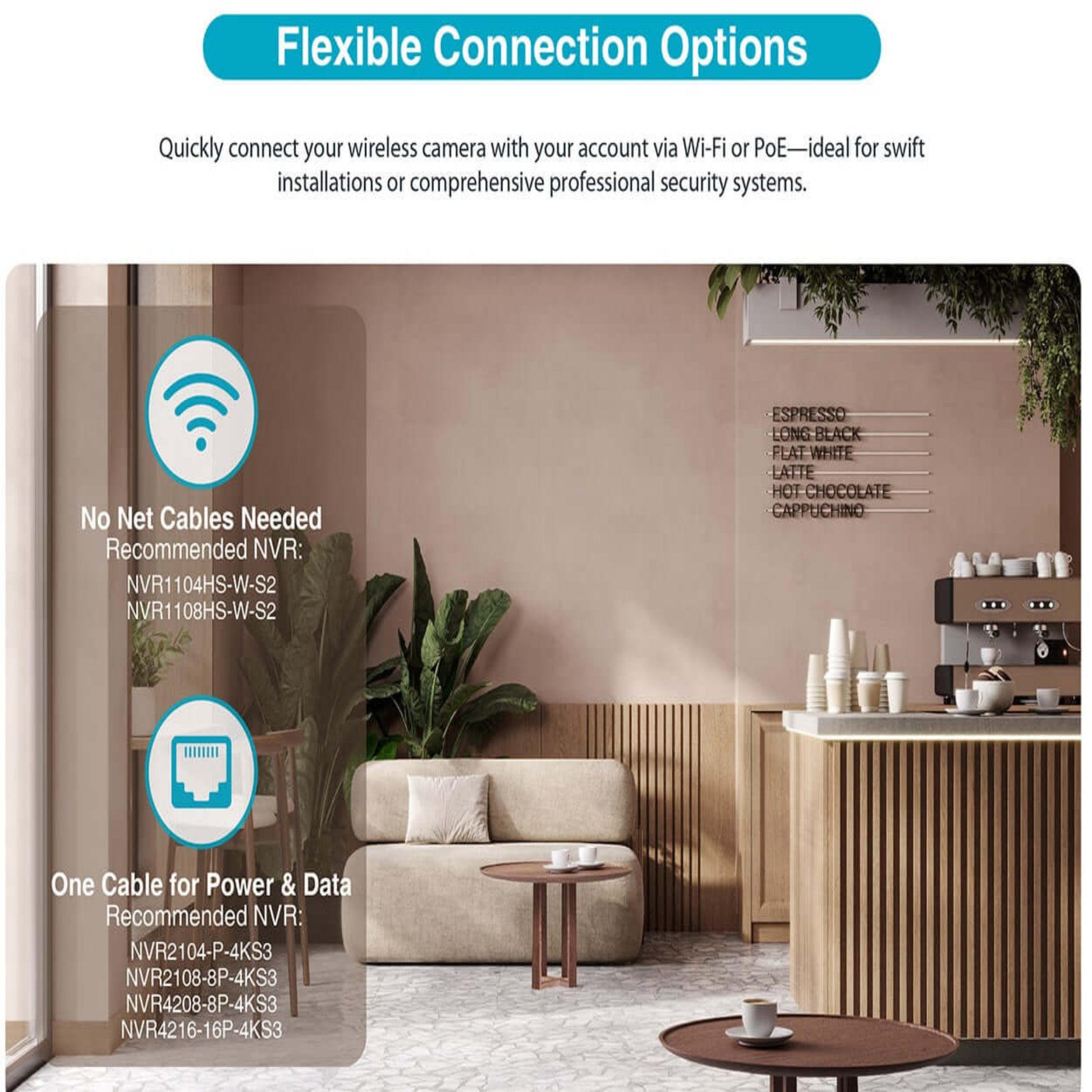 Dahua camera connection options featuring Wi-Fi and PoE for easy setup in modern environments.