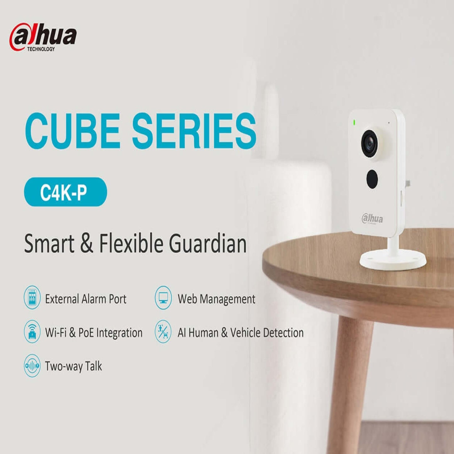 Dahua C4K-P Cube Series camera on table, showcasing smart features like Wi-Fi, PoE, and AI detection.