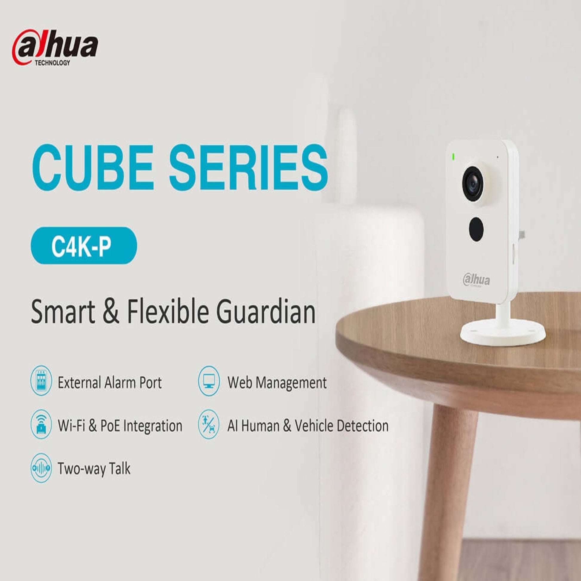 Dahua C4K-P Cube Series camera on table, showcasing smart features like Wi-Fi, PoE, and AI detection.