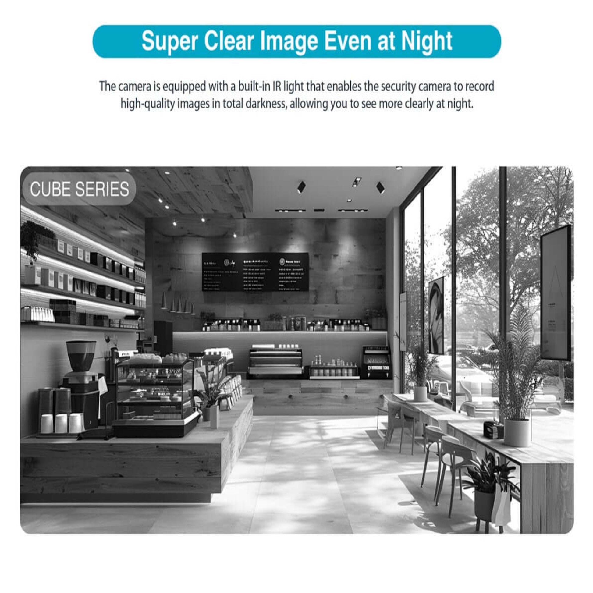Dahua C4K-P Wi-Fi + PoE Camera illustrating clear night vision with built-in IR light in a retail setting.