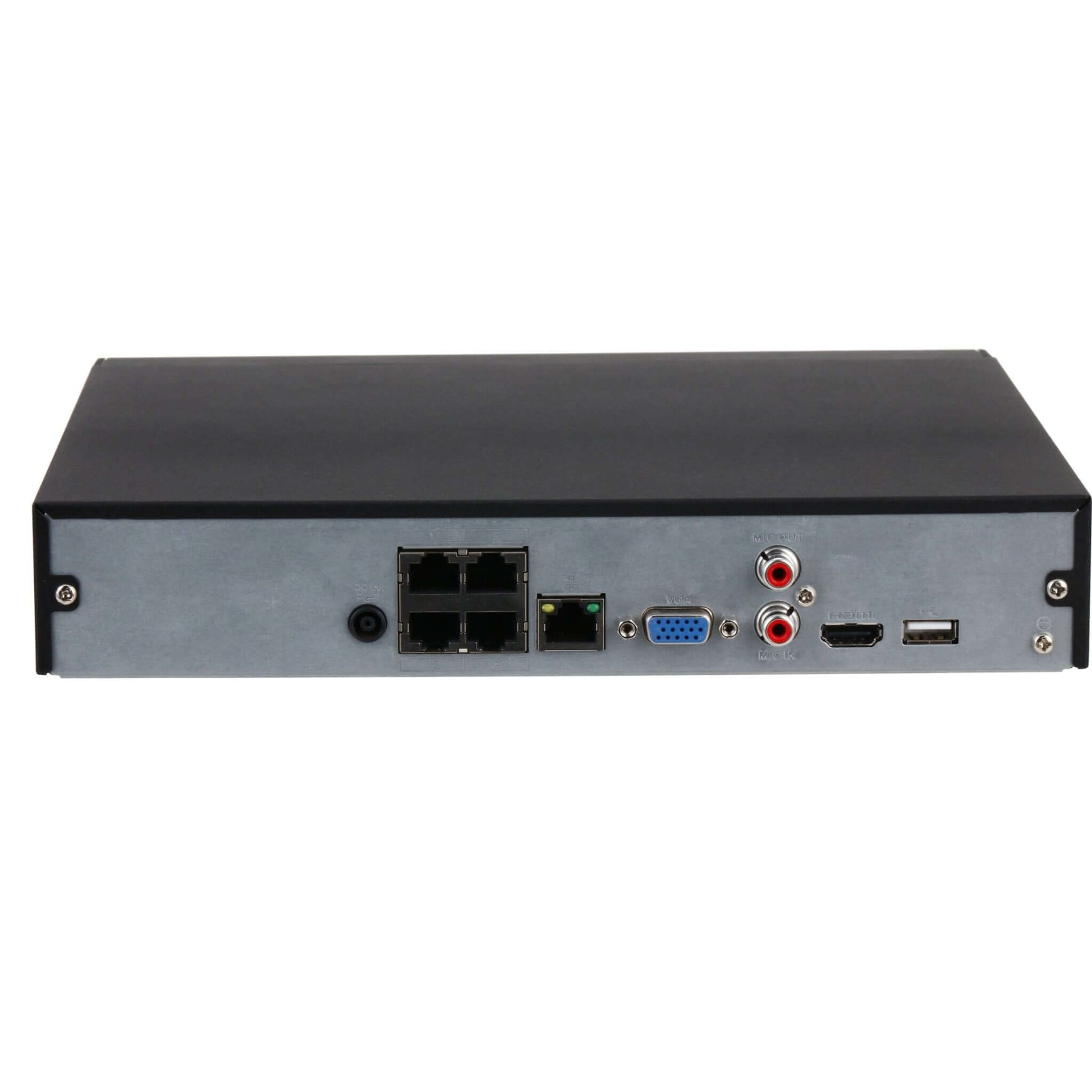 Back view of Dahua NVR4104HS-P-4KS3 4-channel network video recorder showing ports and connections.
