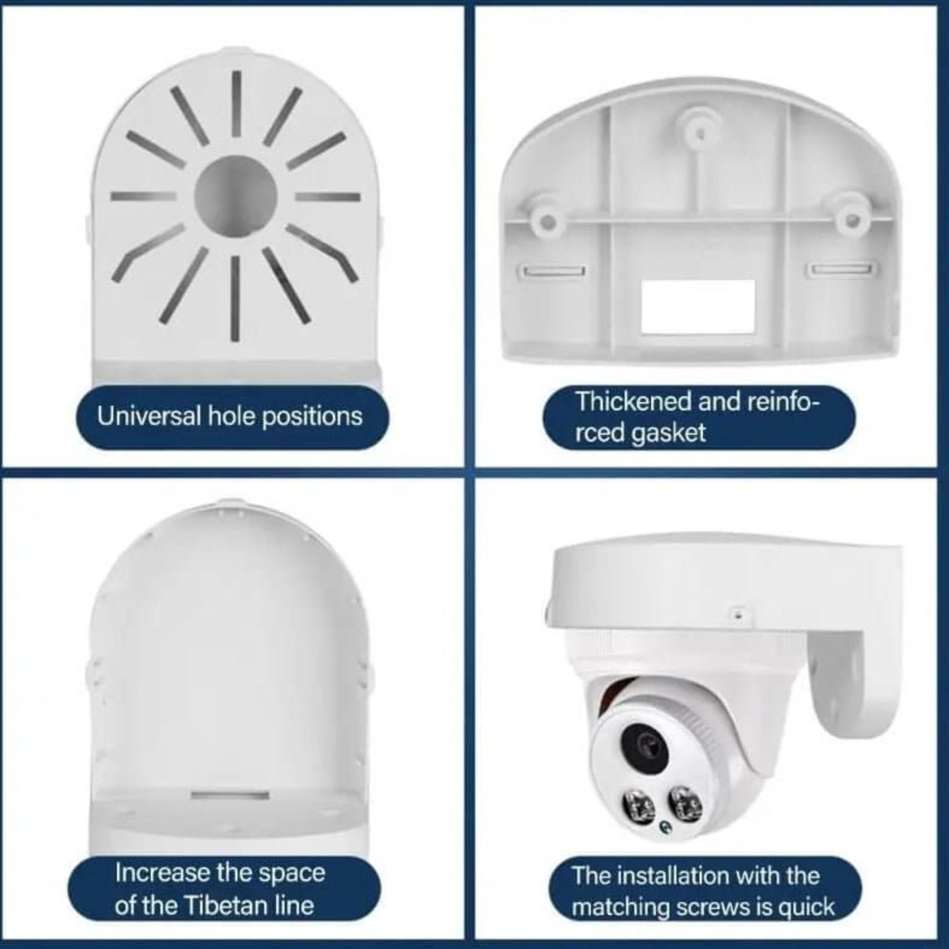 Universal waterproof dome camera ceiling mount features, including hole positions, reinforced gasket, and quick installation.