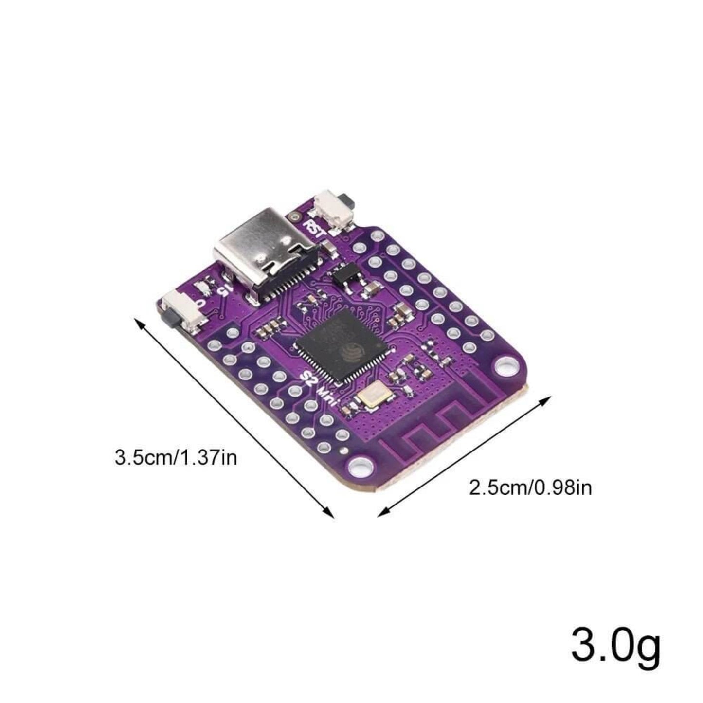 Dimensions (3.5cm/1.37in x 2.5cm/0.98in) and weight (3.0g) of the compact S2 Mini WiFi board.