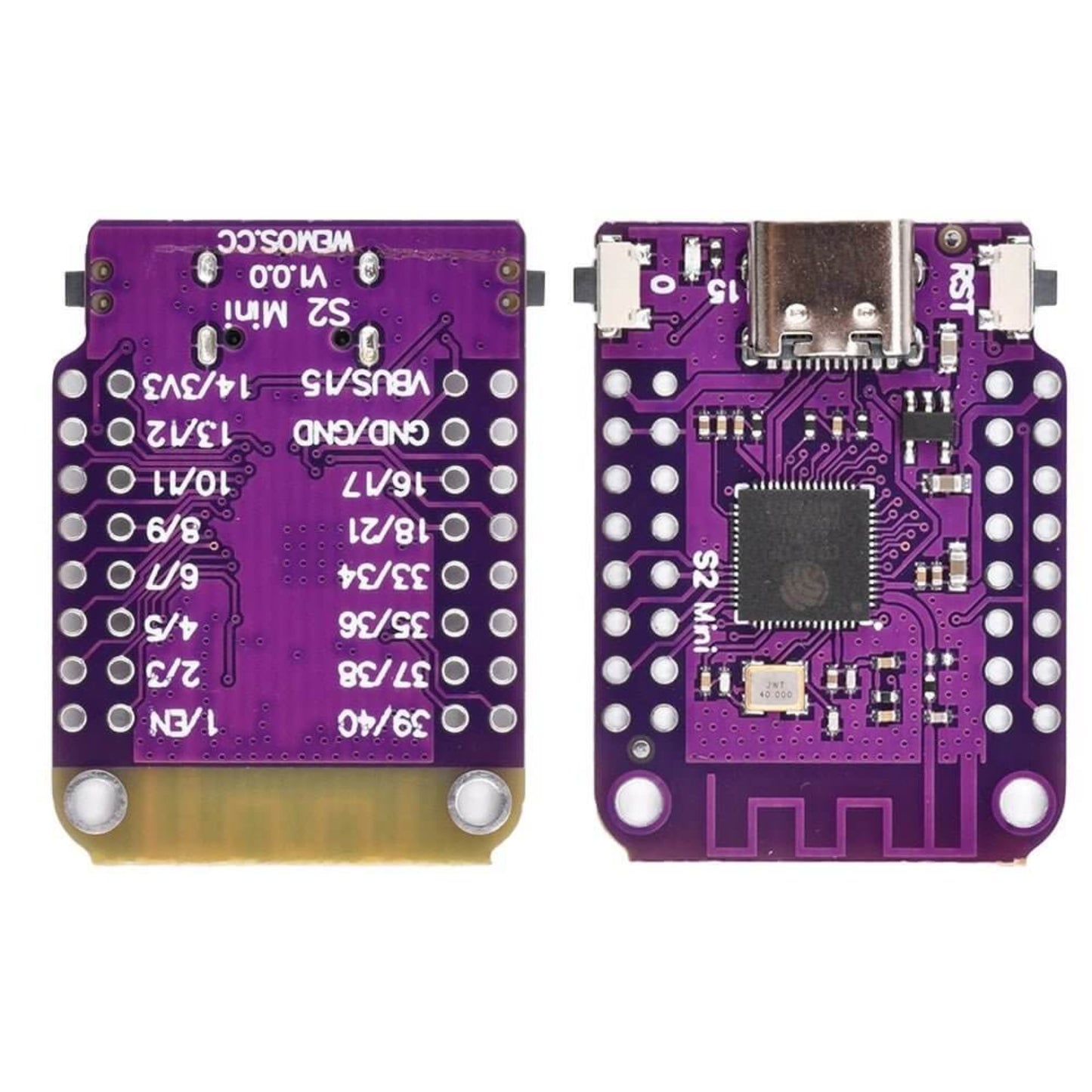 Close-up of the front and back of the ESP32 S2 Mini module, showing pinout labels and USB-C port.