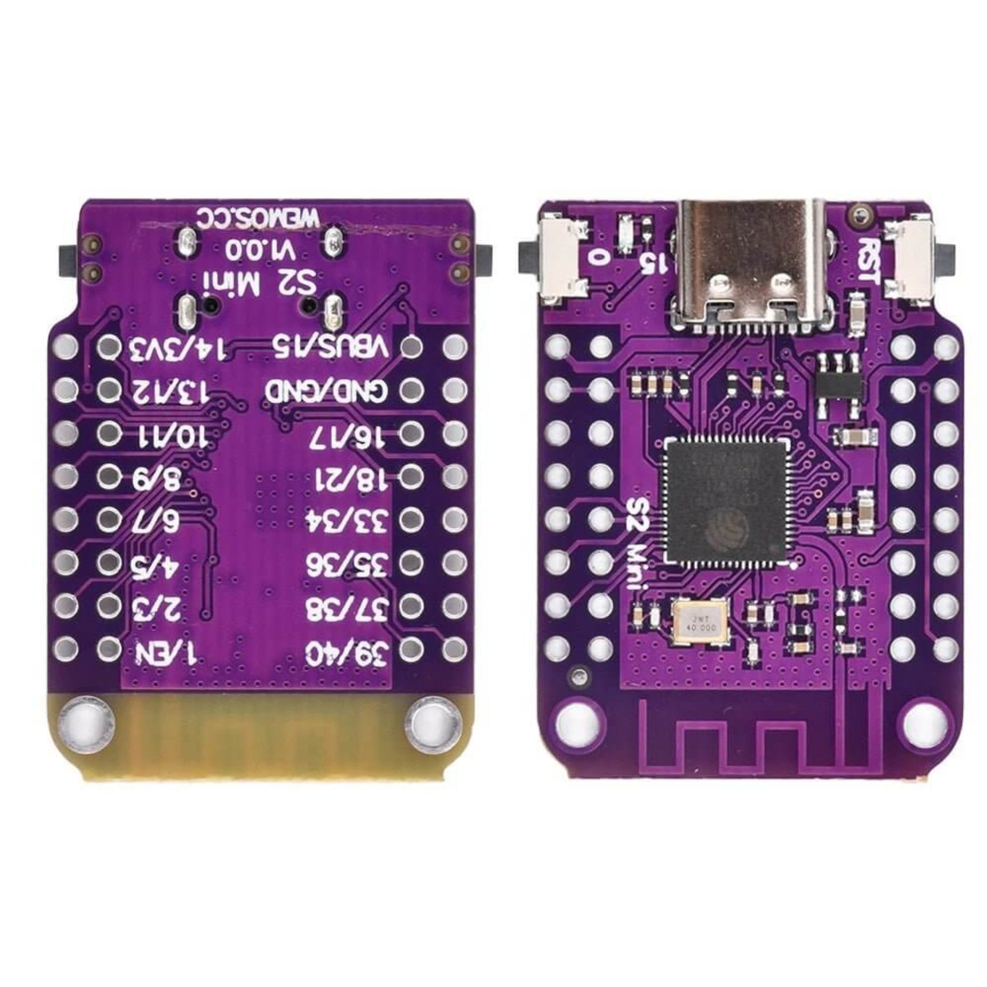 Close-up of the front and back of the ESP32 S2 Mini module, showing pinout labels and USB-C port.