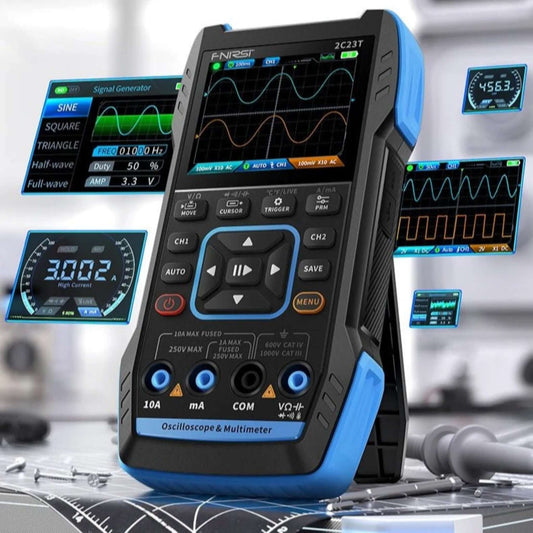 FNIRSI 2C23T 3-in-1 digital oscilloscope, multimeter, and signal generator with advanced display features.