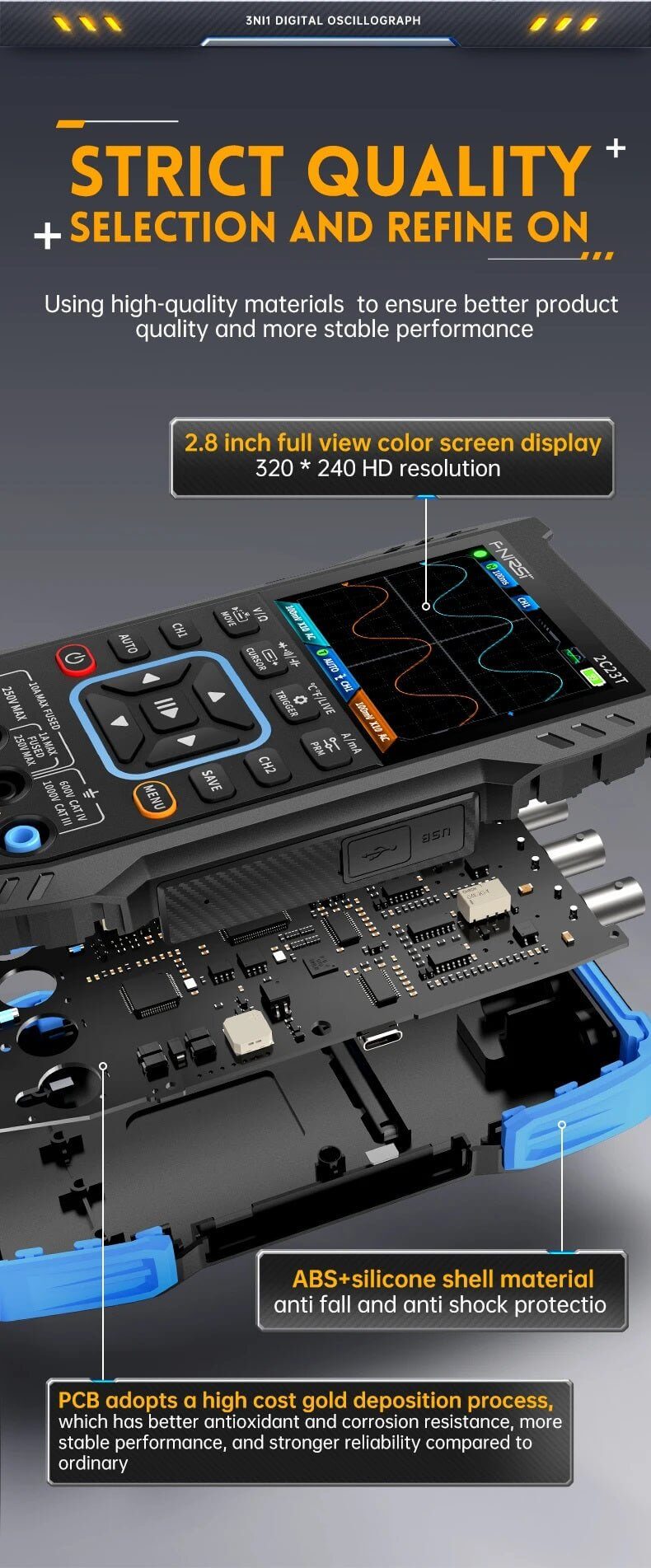 FNIRSI 2C23T digital oscilloscope with 2.8 inch display, showcasing quality materials and features.