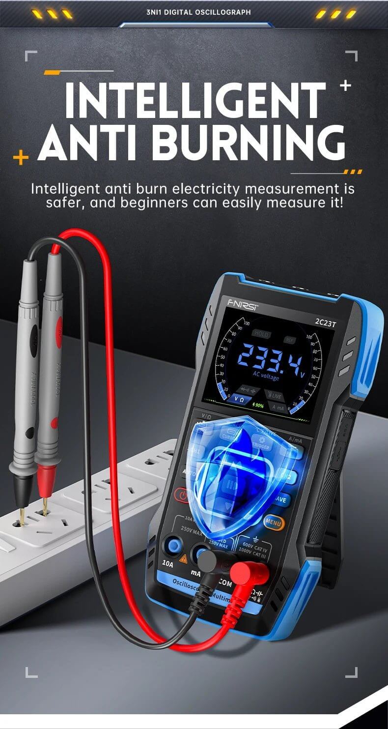 FNIRSI 2C23T digital oscilloscope features intelligent anti-burn technology for safer, user-friendly electricity measurement.