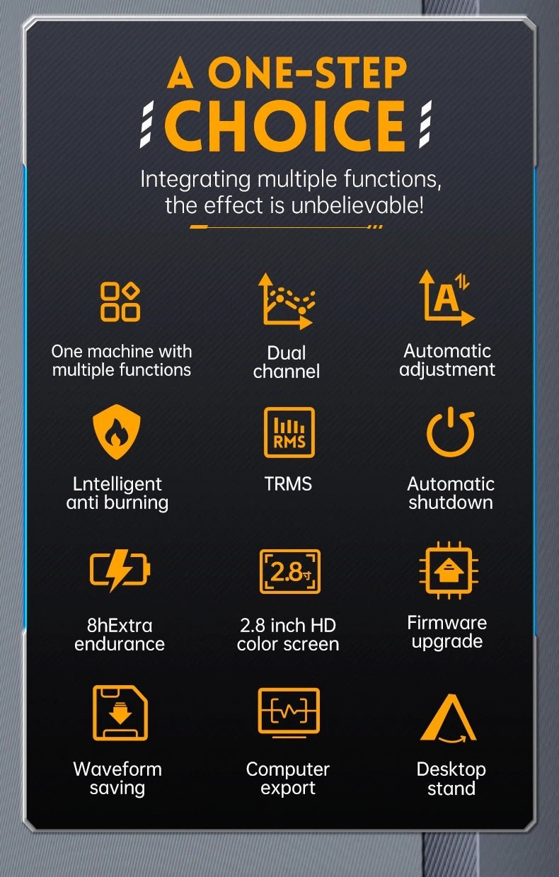 Infographic highlighting features of the FNIRSI 2C23T oscilloscope including TRMS, dual channels, and automatic adjustments.