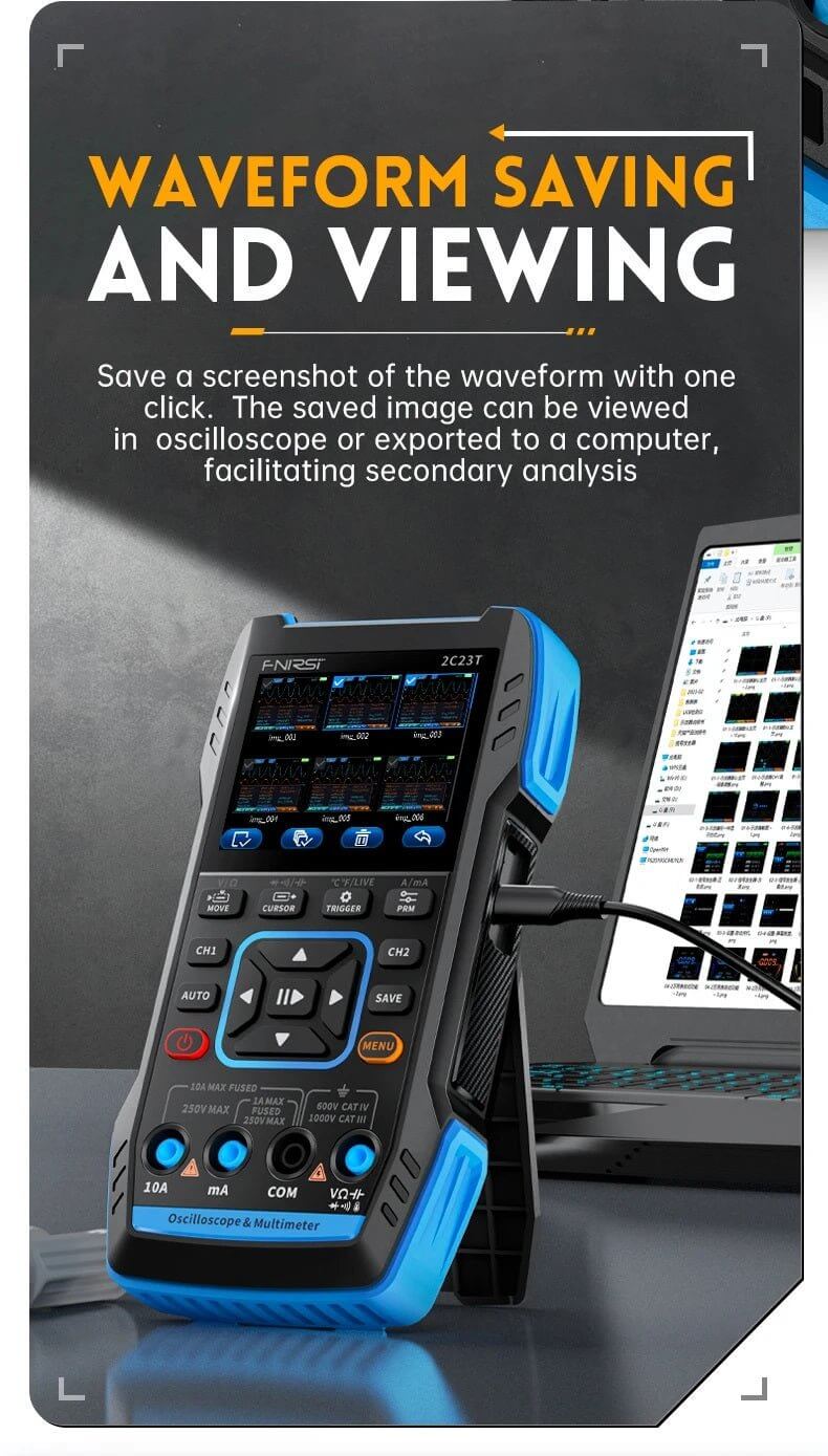 FNIRSI 2C23T digital oscilloscope showing waveform saving and viewing features for easy analysis.