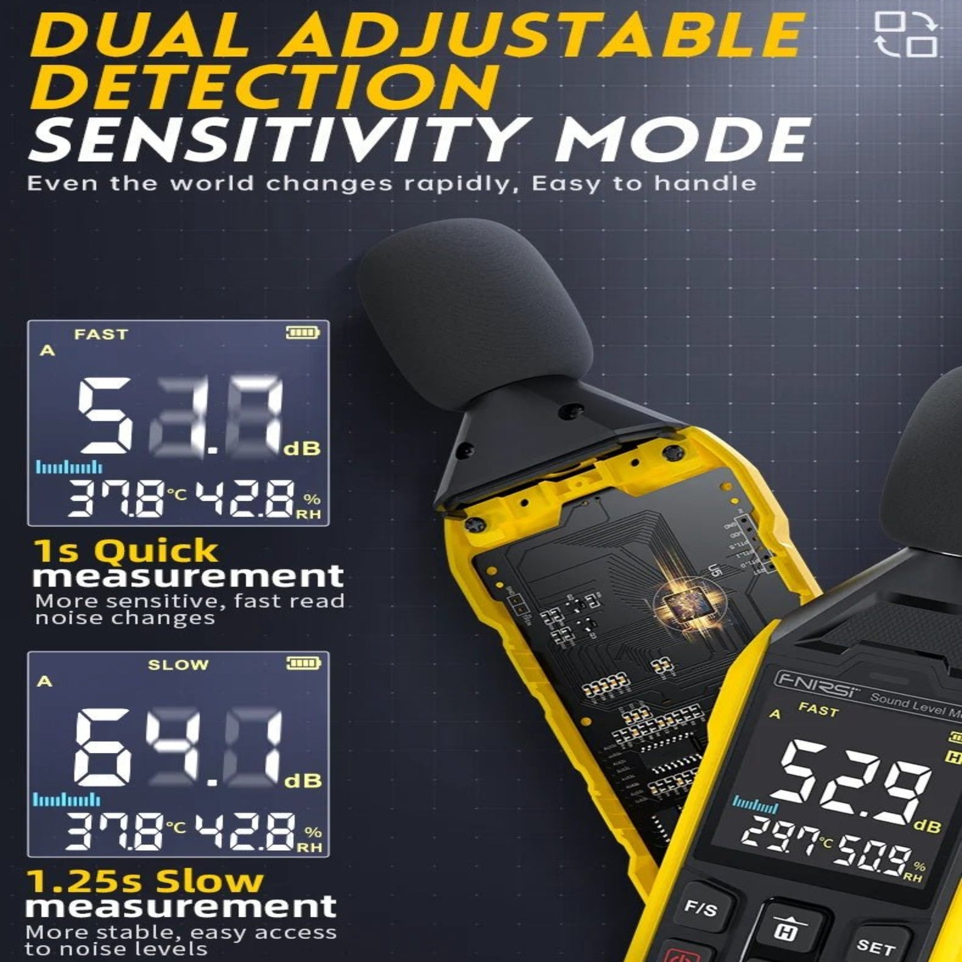 Image of FNIRSI digital noise decibel meter showcasing dual detection sensitivity modes with measurements and self-set range.