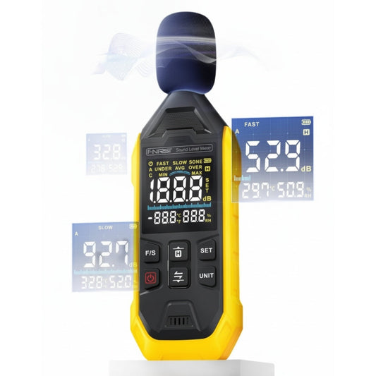 FNIRSI high-precision digital noise decibel meter displaying sound levels in dB, ideal for various noise measurement applications.