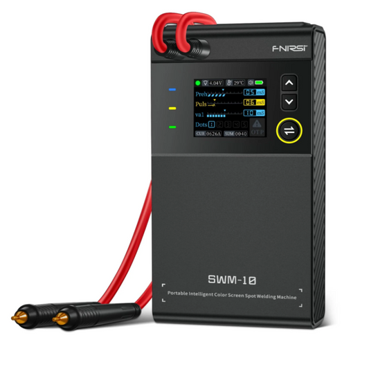 Portable spot welding machine with digital display and cables on a white background