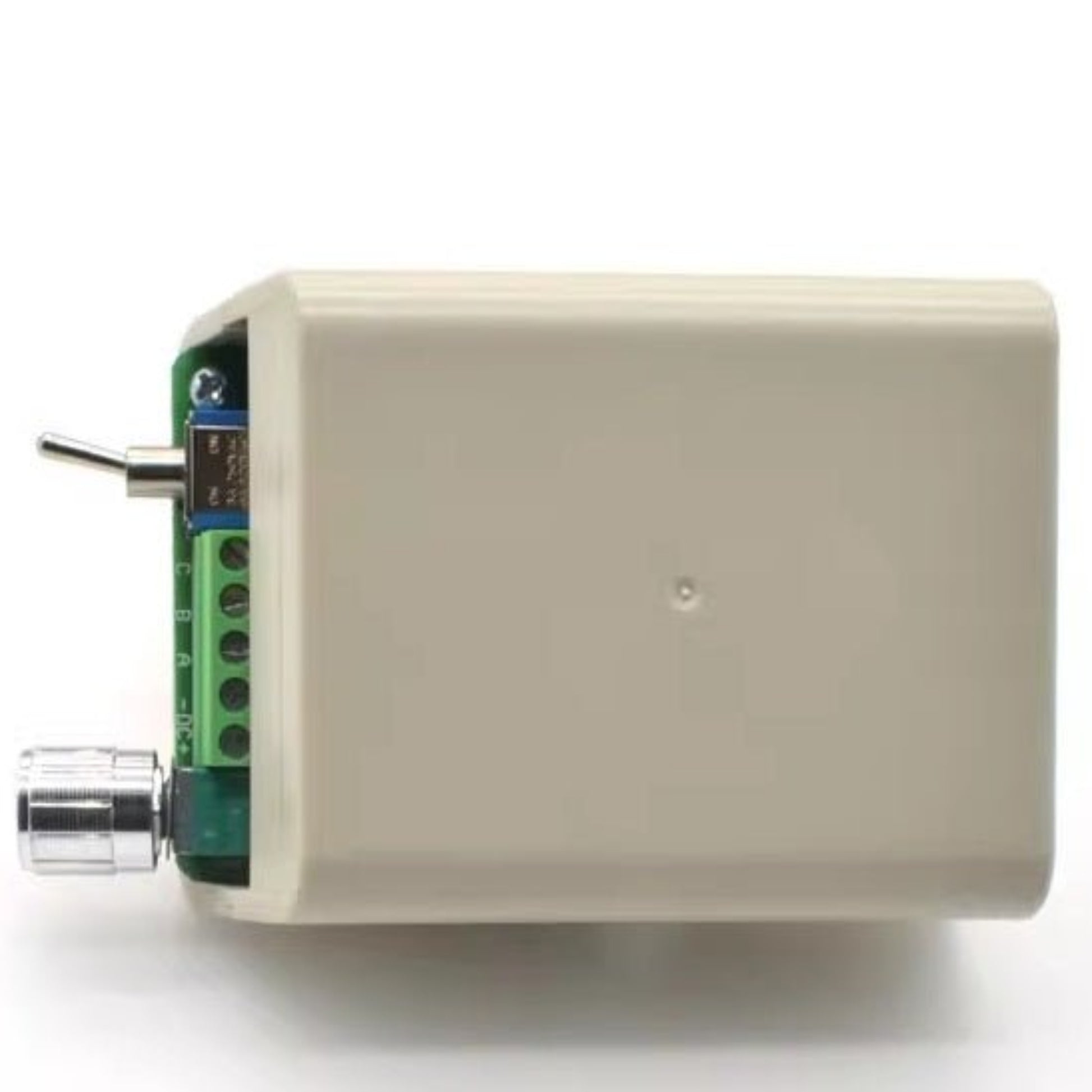 DC5-36V 15A brushless motor speed controller with potentiometer and power input terminals.