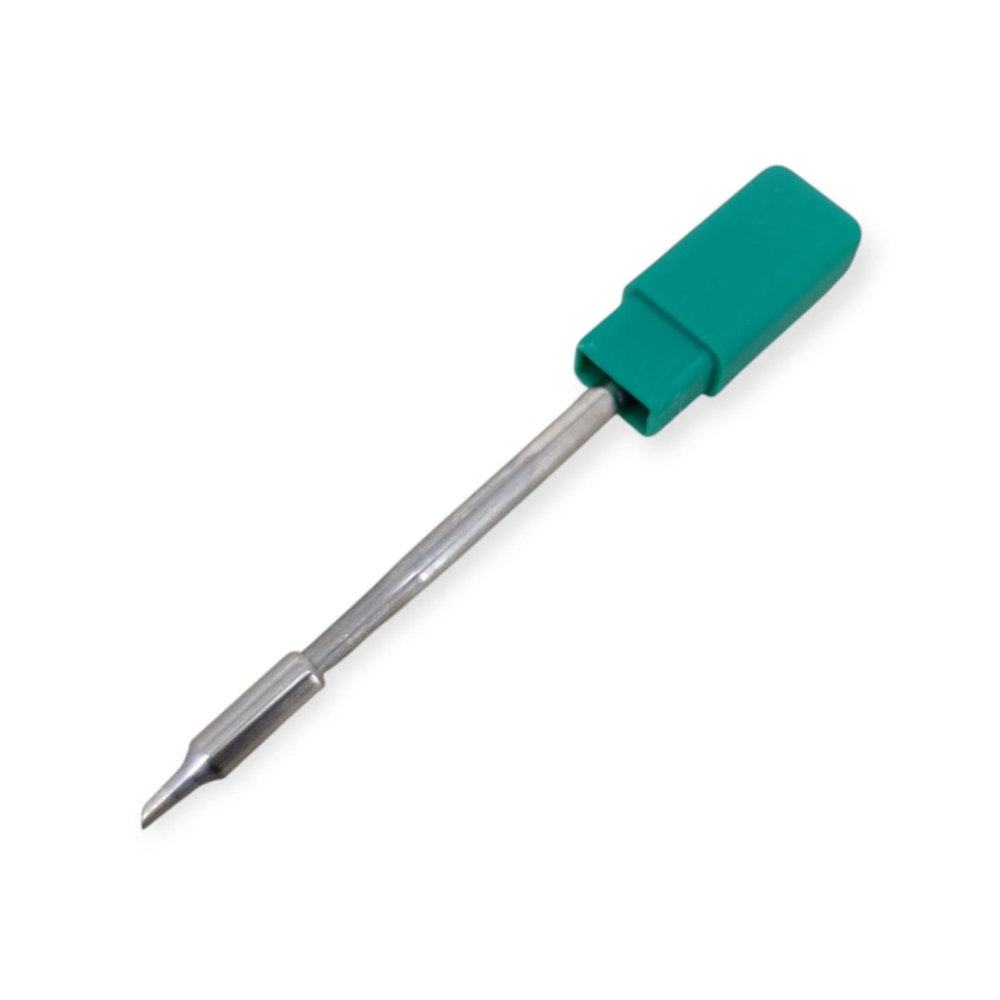 Close-up of HS02A-C2 chisel-type soldering tip for precise electronic work.