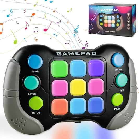 Colorful kids handheld gamepad with music notes, featuring multiple buttons for interactive play and RGB lighting.