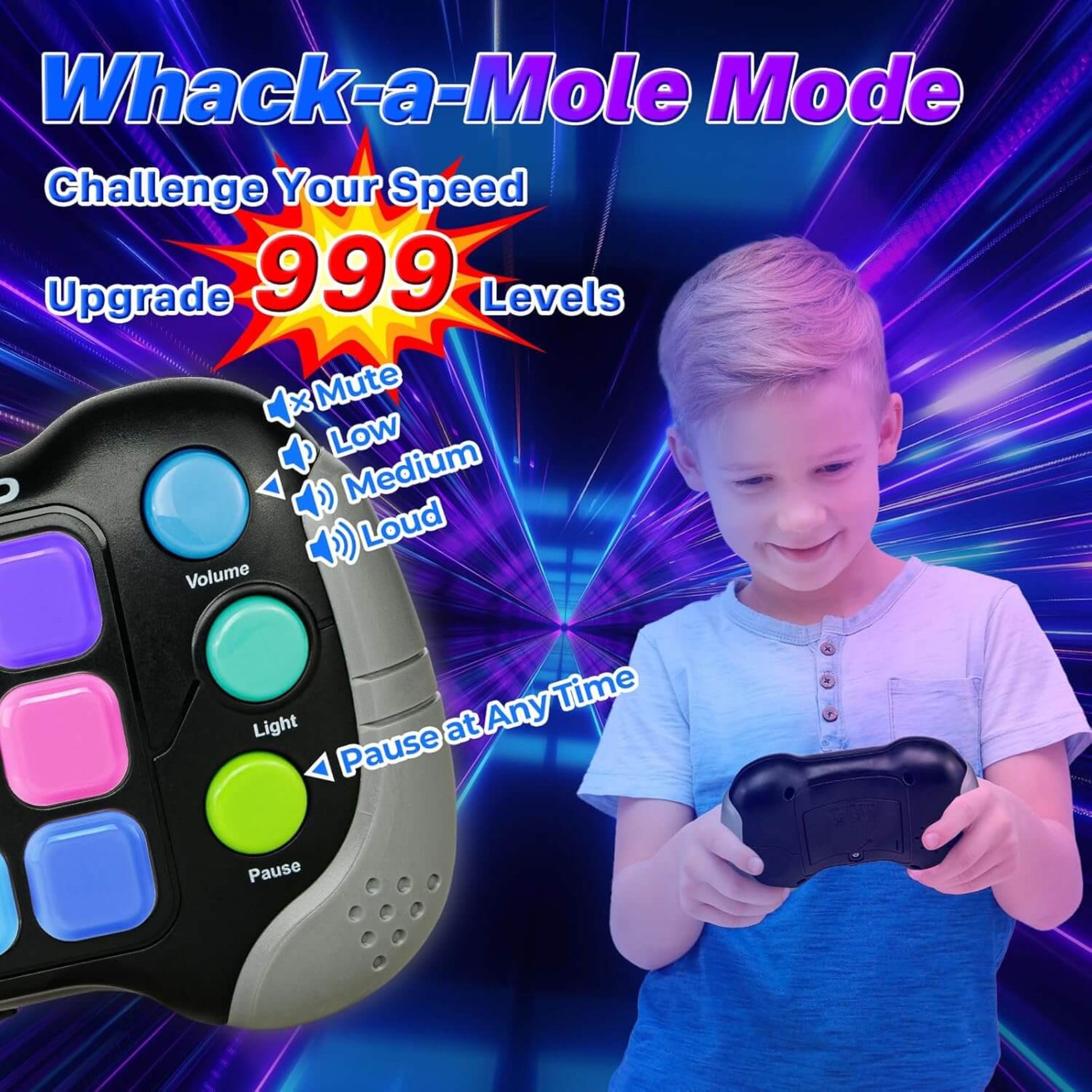 Child playing with handheld gamepad in Whack-a-Mole mode, highlighting 999 levels and colorful buttons.