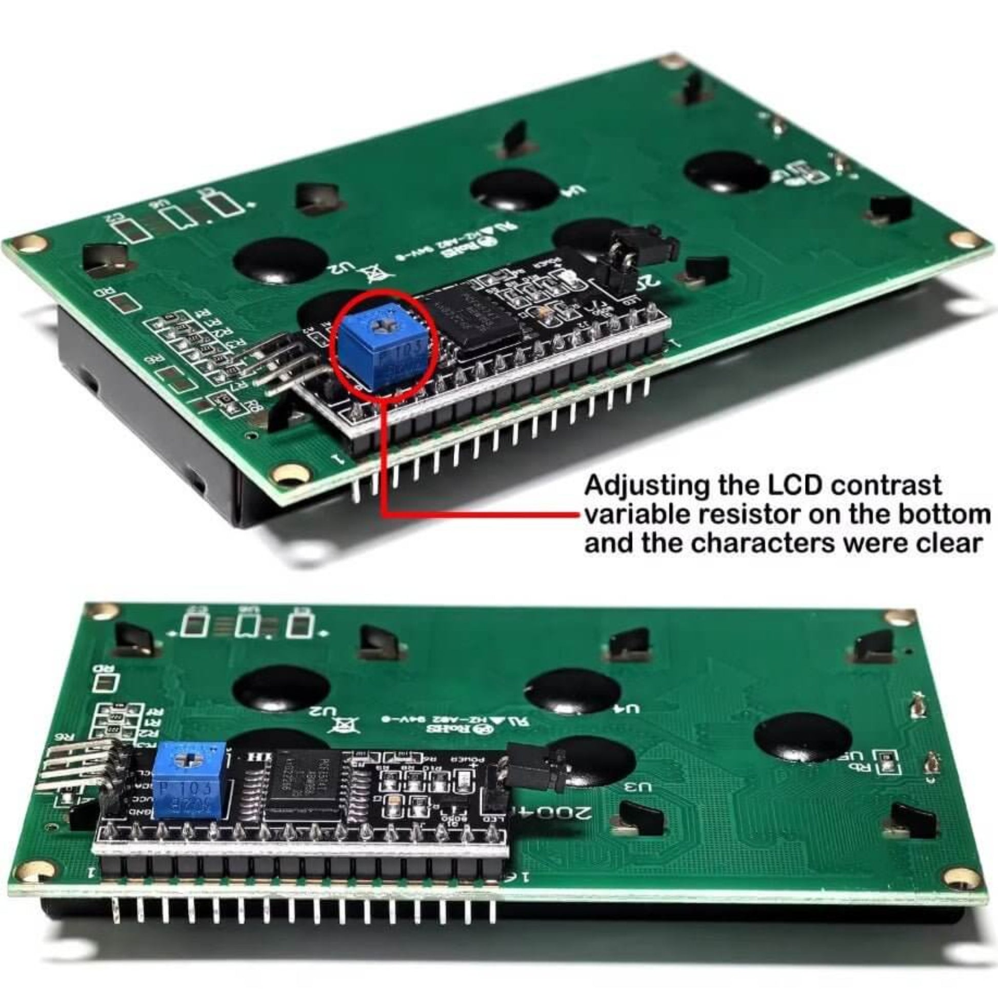 I2C 2004A LCD Display Module showing adjustable contrast variable resistor for clear character display.