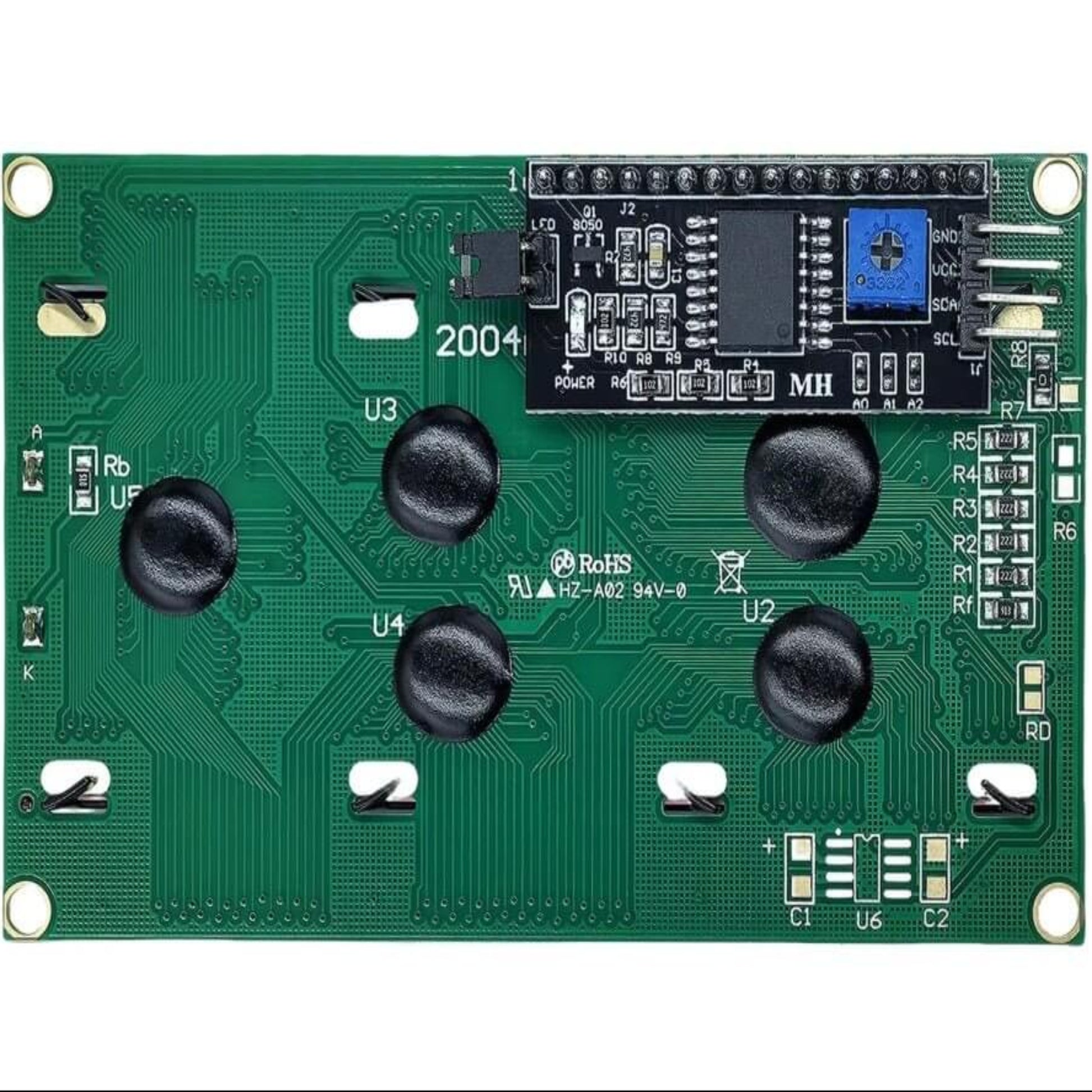 I2C 2004A LCD Display Module with blue backlight, supporting 20x4 characters, designed for Arduino applications.
