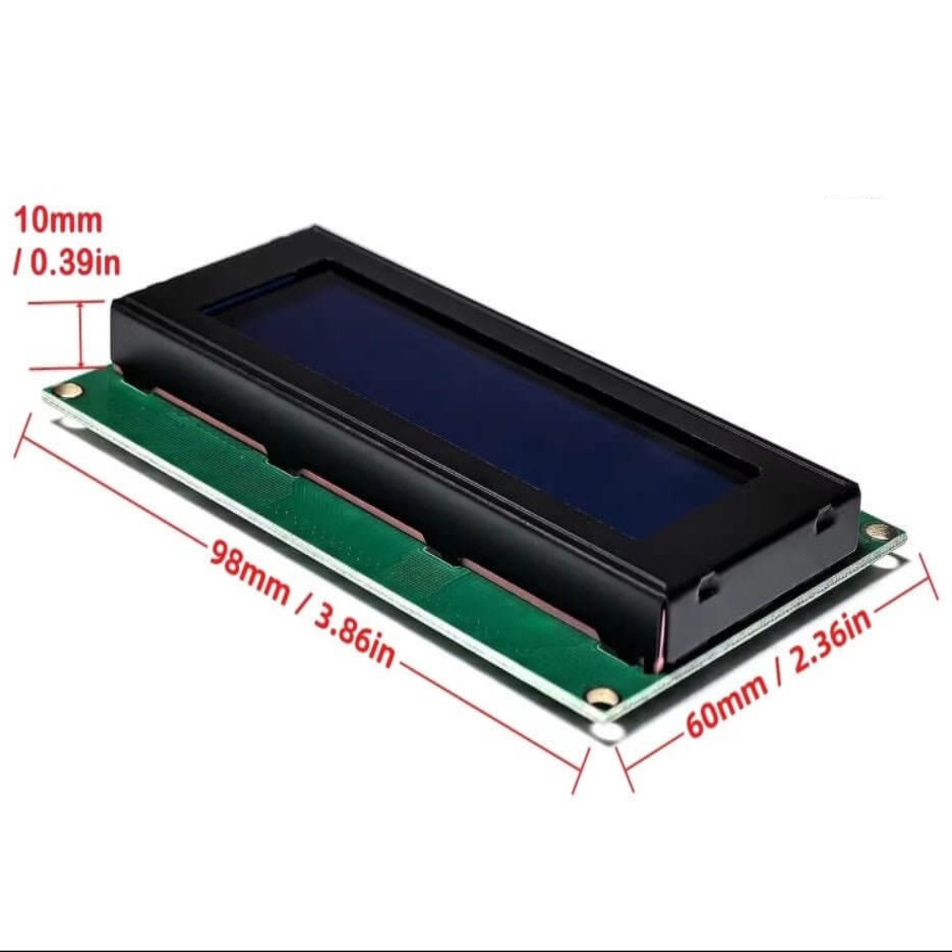 I2C 2004A 20x4 LCD Display Module with blue backlight and dimensions, suitable for Arduino projects.