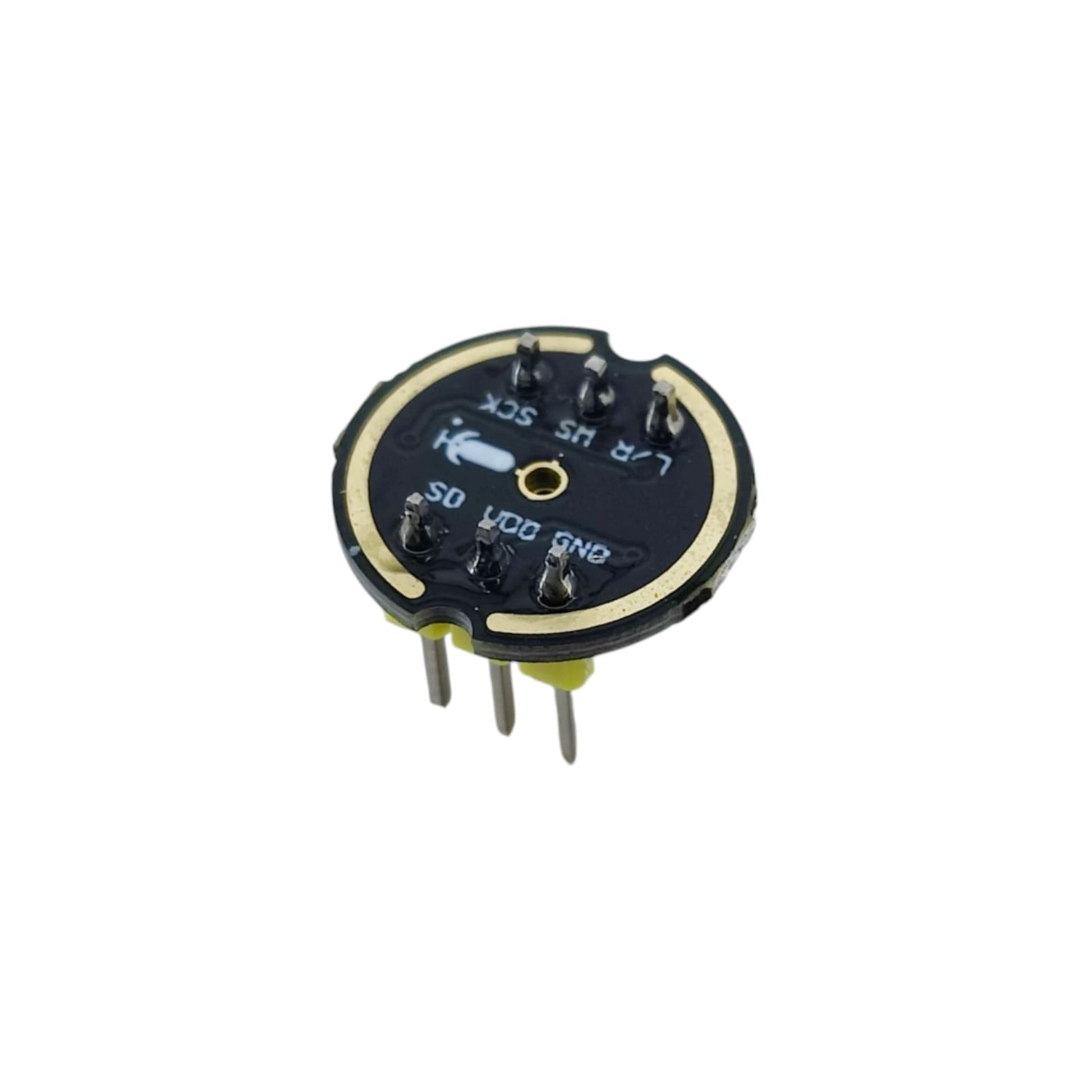 INMP441 Omnidirectional MEMS Microphone Module with yellow headers, side view showing pre-soldered pins.
