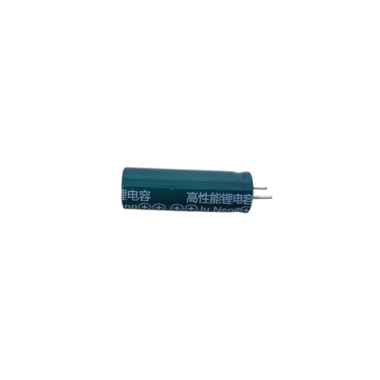 19F Lithium Ion Rechargeable 3.7V JN10400 Cell Capacitor in teal color with pins for electronic applications.