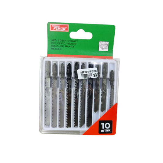 Jigsaw Blade Set - 10-Piece Mixed Kit for Wood showcasing various jigsaw blades suitable for cutting wood.