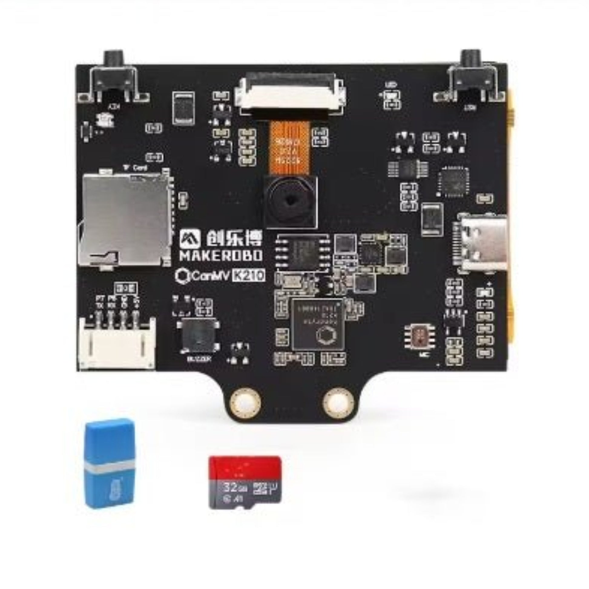 CanMv K210 AI vision sensor module board with ports, camera, and microSD cards for DIY projects.