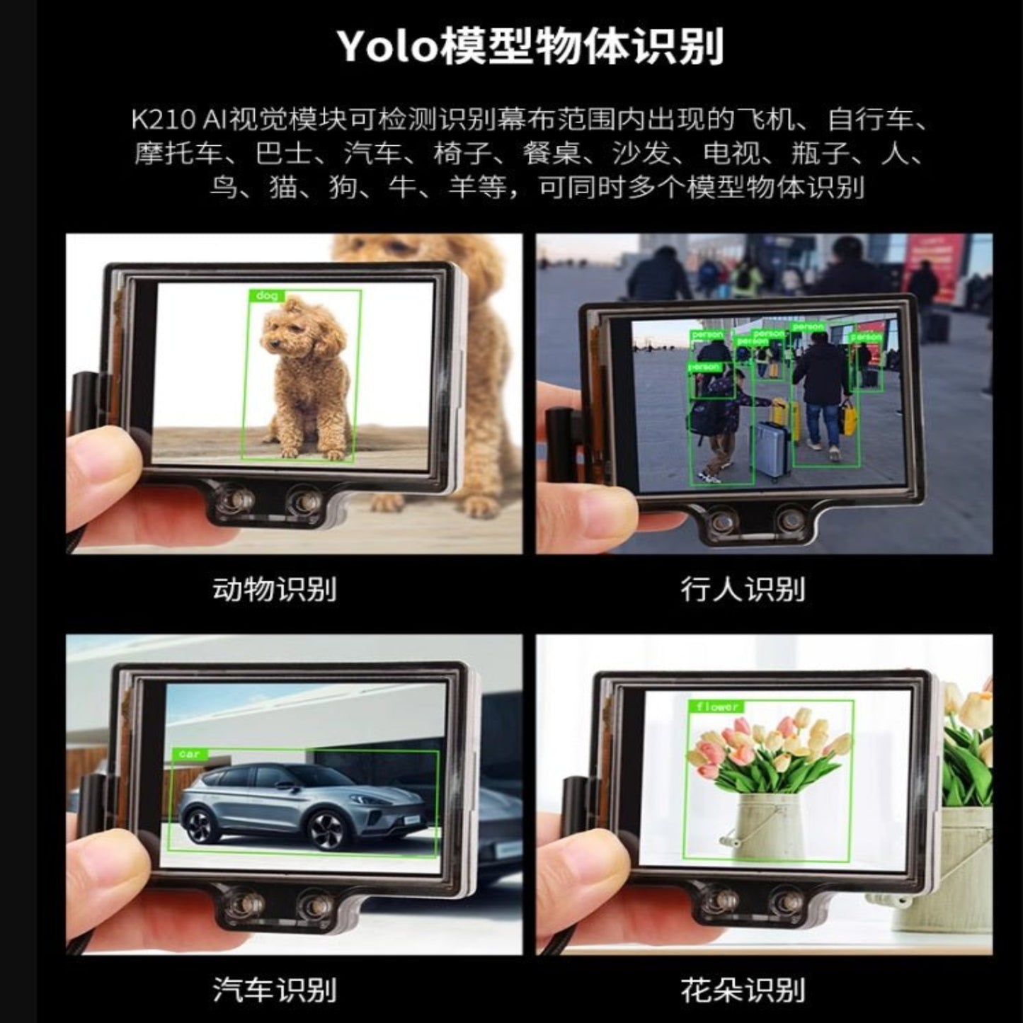 CanMv K210 AI Vision Sensor Module showcasing object recognition for animals, vehicles, flowers, and people.