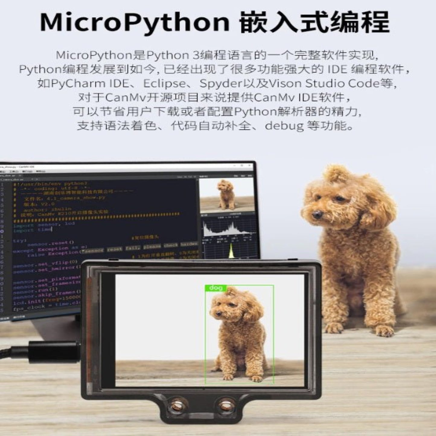 MicroPython programming interface using CanMv K210 AI vision sensor module with a dog display on screen.