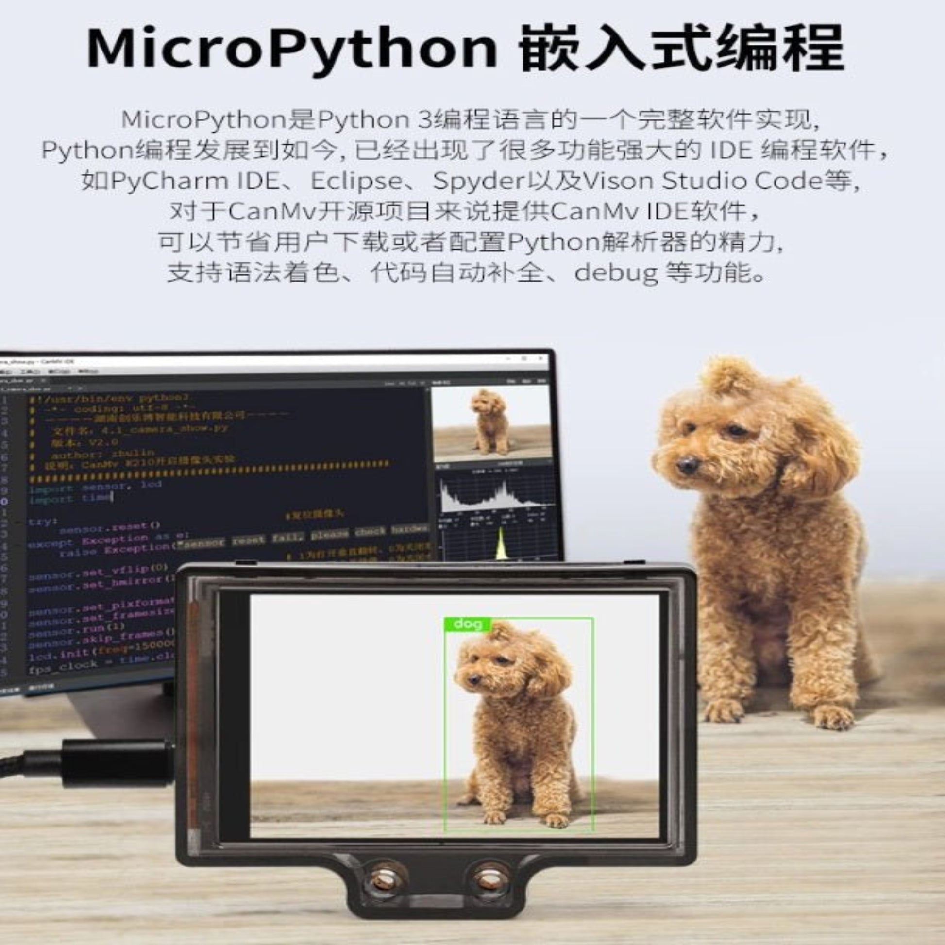 MicroPython programming interface using CanMv K210 AI vision sensor module with a dog display on screen.