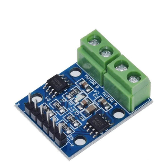 L9110S motor driver board with H-bridge circuit for controlling two DC motors, suitable for 2.5-12V applications.