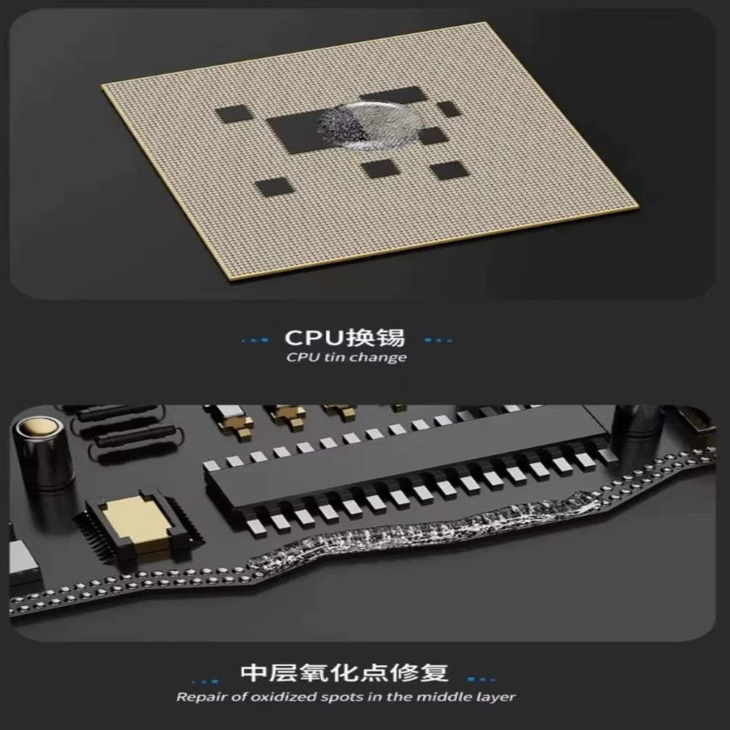 Image illustrating CPU tin change and repair of oxidized spots on a circuit board for electronics maintenance.